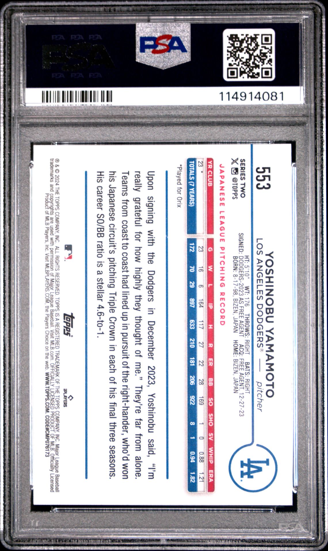 2024 Topps Yoshinobu Yamamoto #553 Gem Mt 10 back