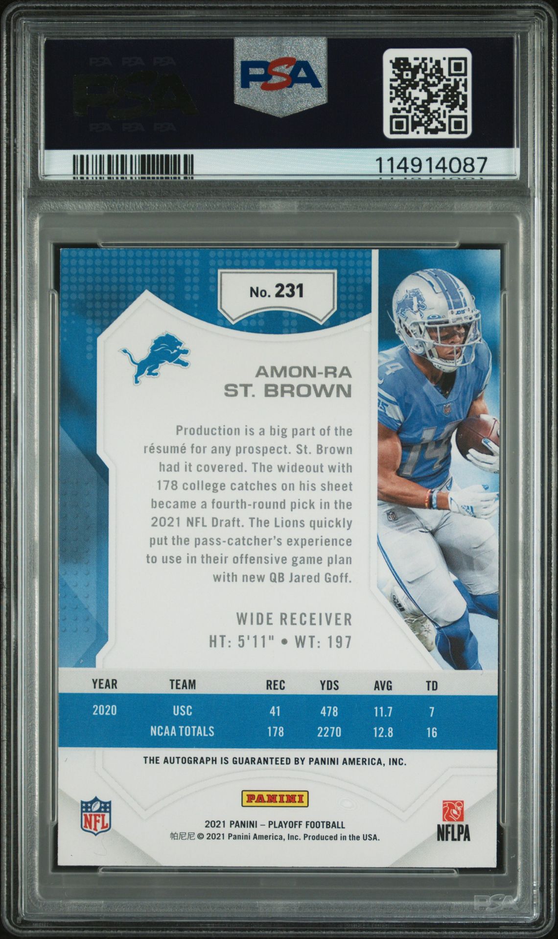 2021 Panini Playoff Amon-Ra St. Brown #231 (Autograph) Mint 9 back