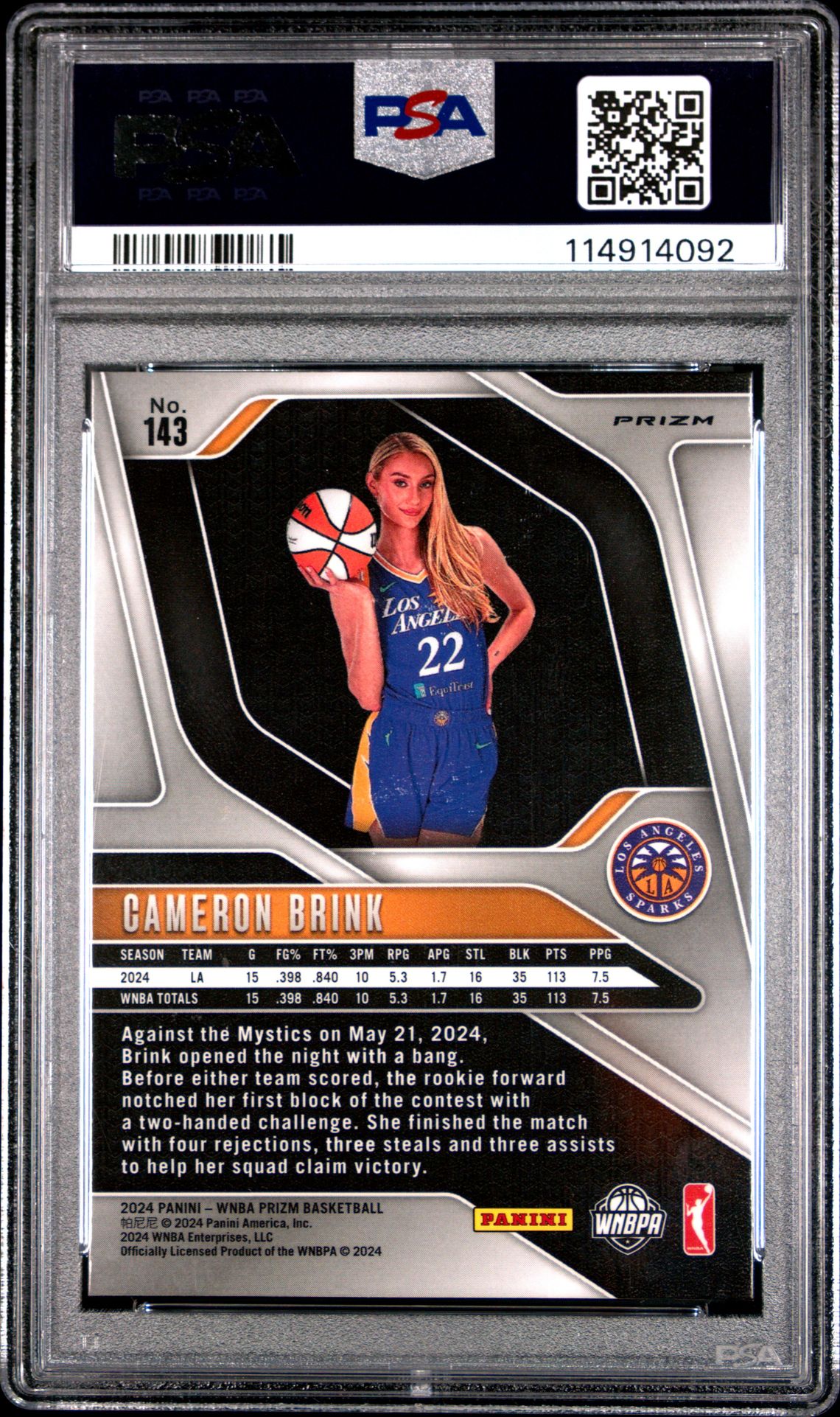 2024 Panini Prizm Wnba Cameron Brink #143 (Blue Velocity) Mint 9 back