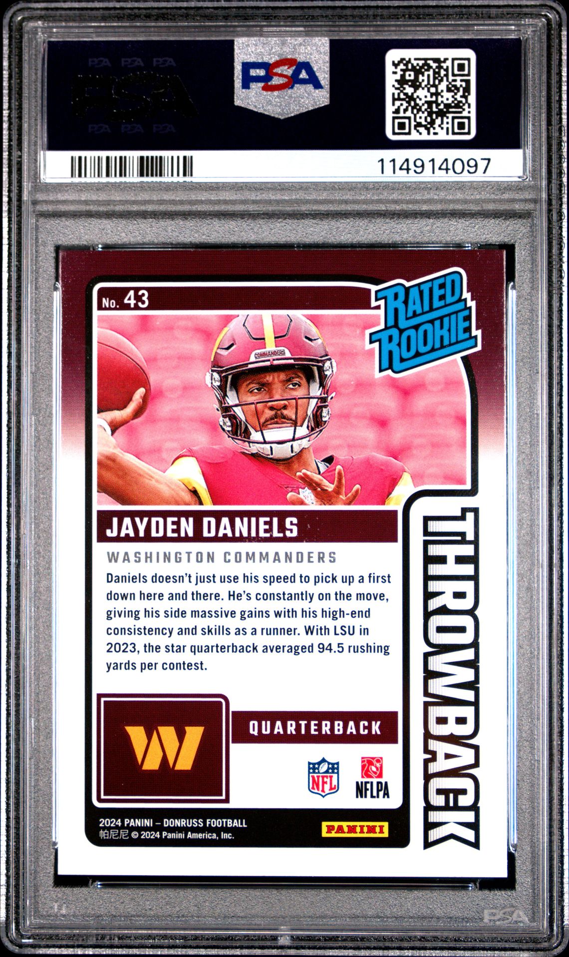 2024 Panini Donruss Rated Rookies Throwback Jayden Daniels #43 Mint 9 back