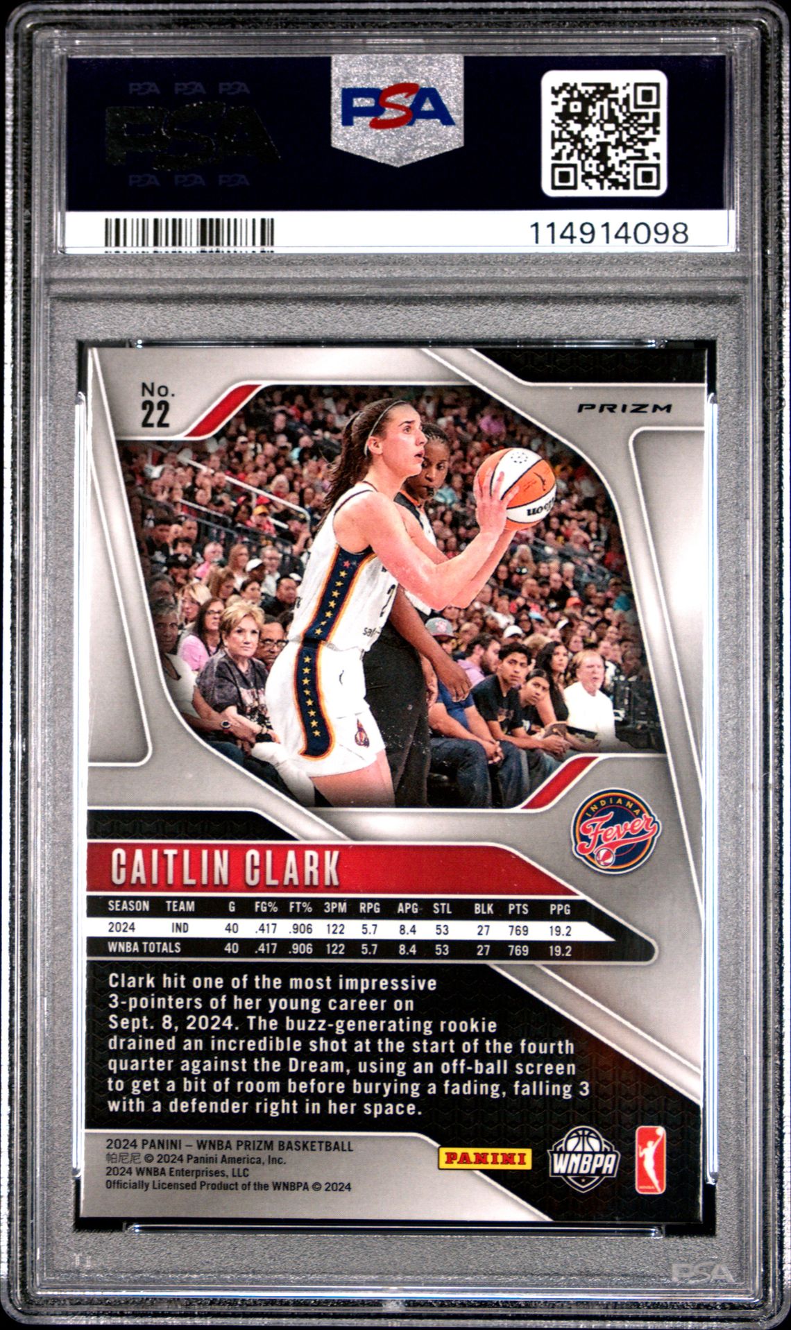 2024 Panini Prizm Wnba Caitlin Clark #22 (Silver Prizm) Gem Mt 10 back