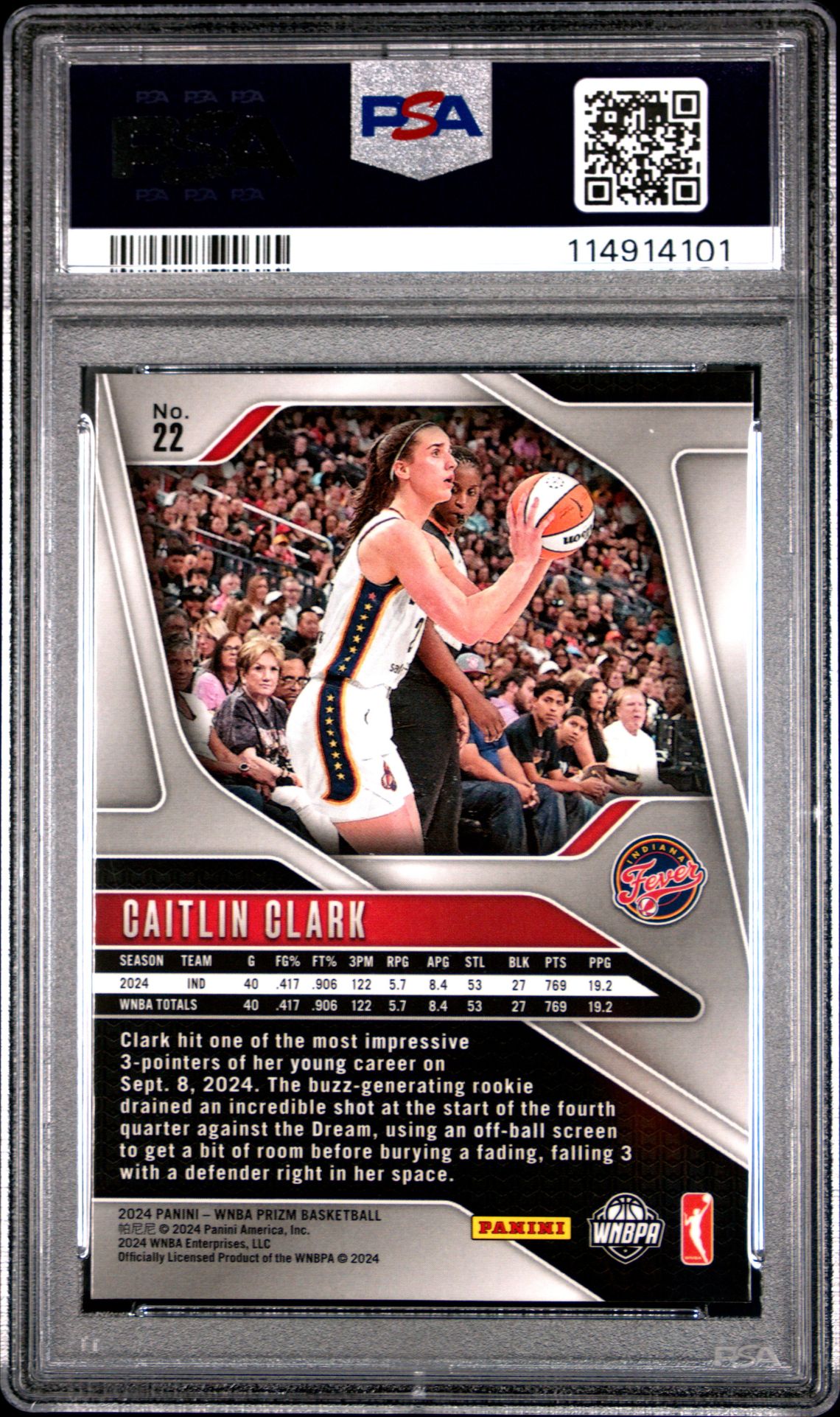 2024 Panini Prizm Wnba Caitlin Clark #22 Gem Mt 10 back