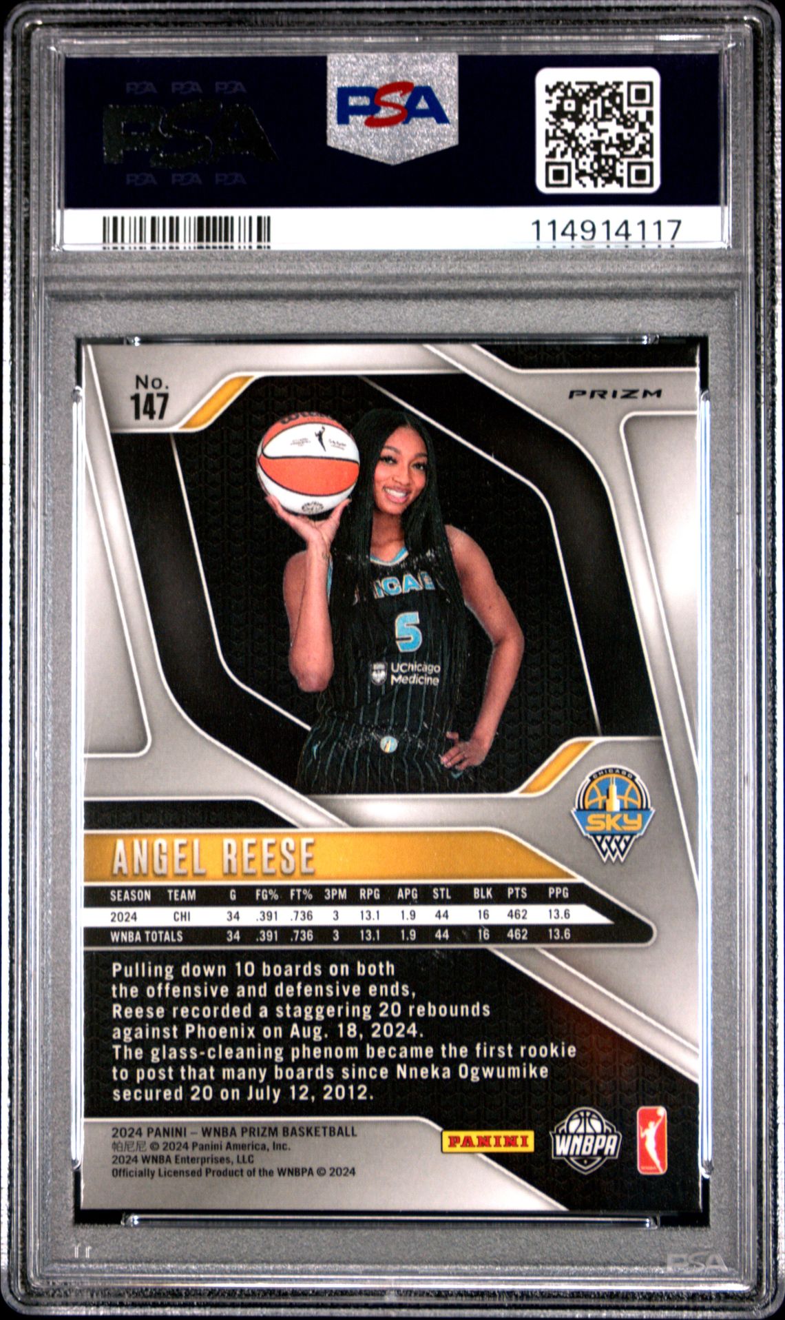 2024 Panini Prizm Wnba Angel Reese #147 (Blue Velocity) Gem Mt 10 back
