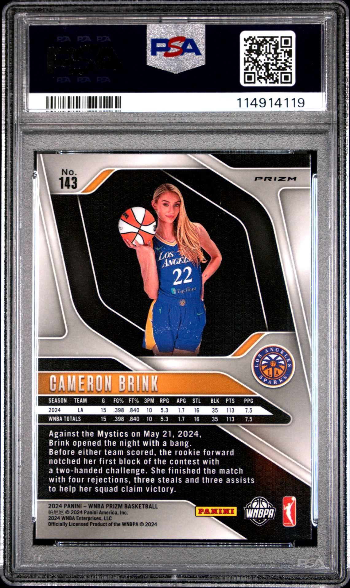 2024 Panini Prizm Wnba Cameron Brink #143 (Blue Velocity) Gem Mt 10 back