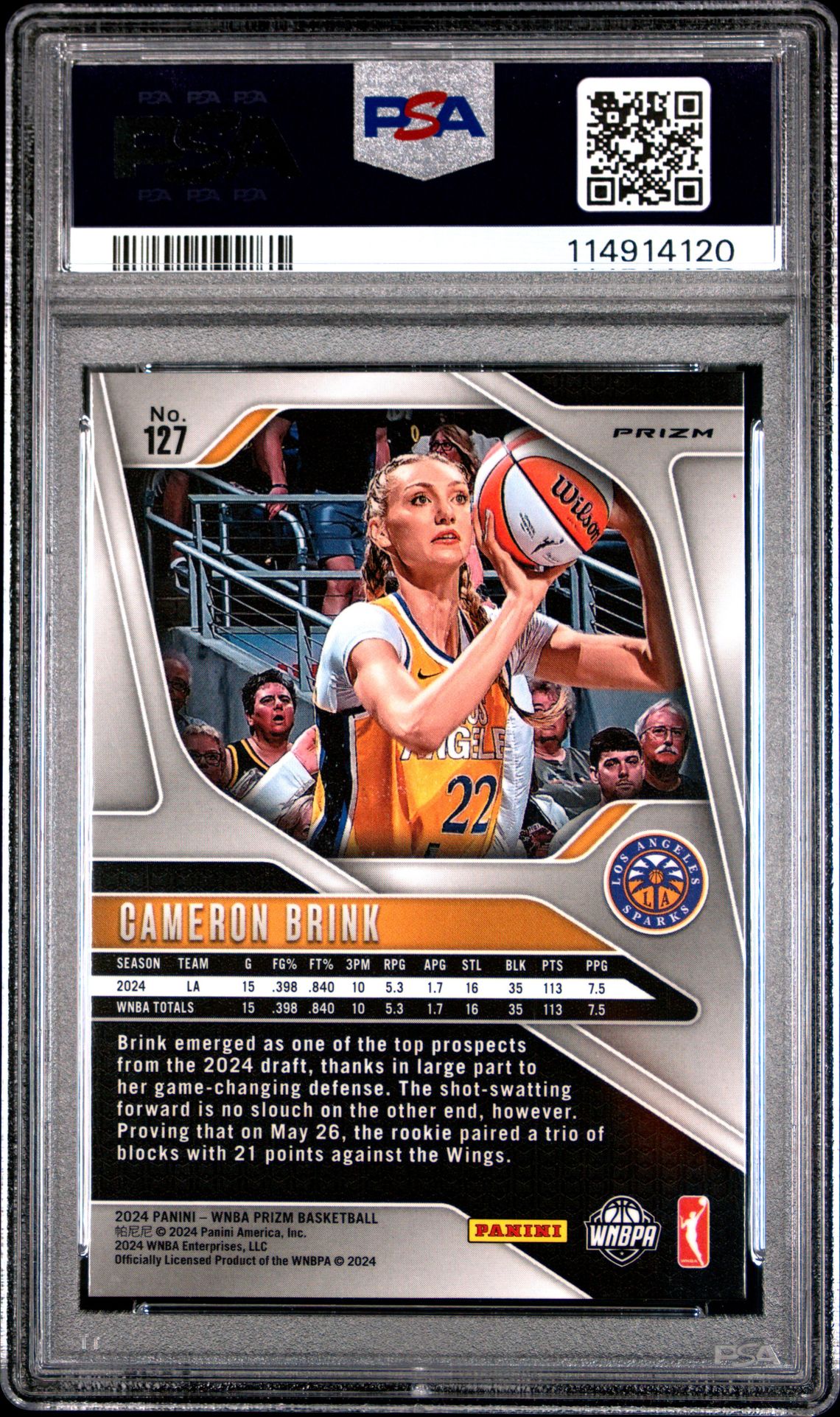 2024 Panini Prizm Wnba Cameron Brink #127 (Orange Velocity) Gem Mt 10 back