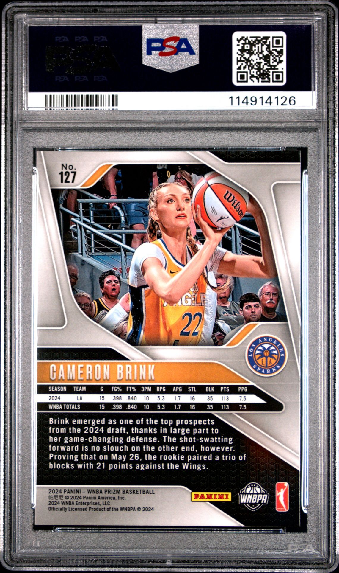 2024 Panini Prizm Wnba Cameron Brink #127 Gem Mt 10 back