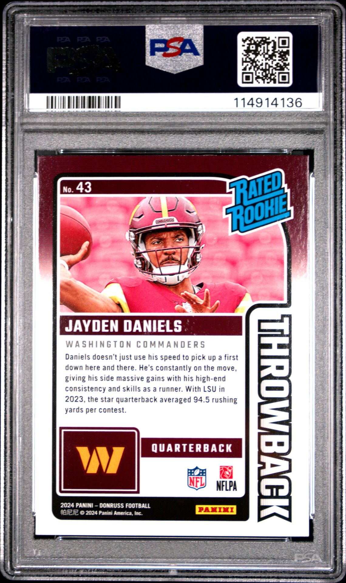 2024 Panini Donruss Rated Rookies Throwback Jayden Daniels #43 Mint 9 back