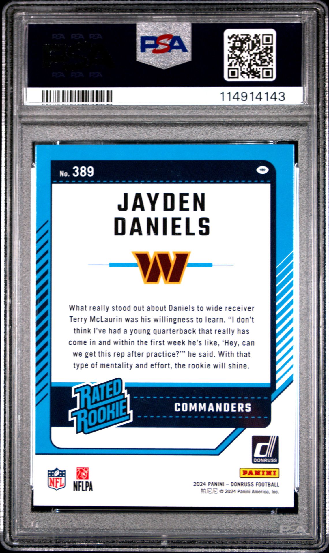2024 Panini Donruss Jayden Daniels #389 Gem Mt 10 back
