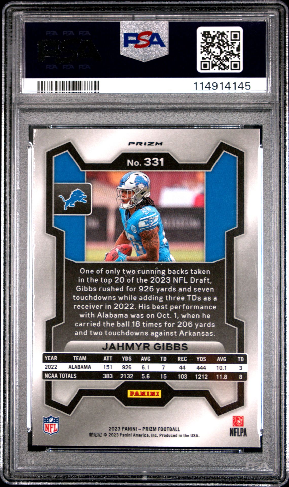 2023 Panini Prizm Jahmyr Gibbs #331 (Lazer Prizm) Gem Mt 10 back