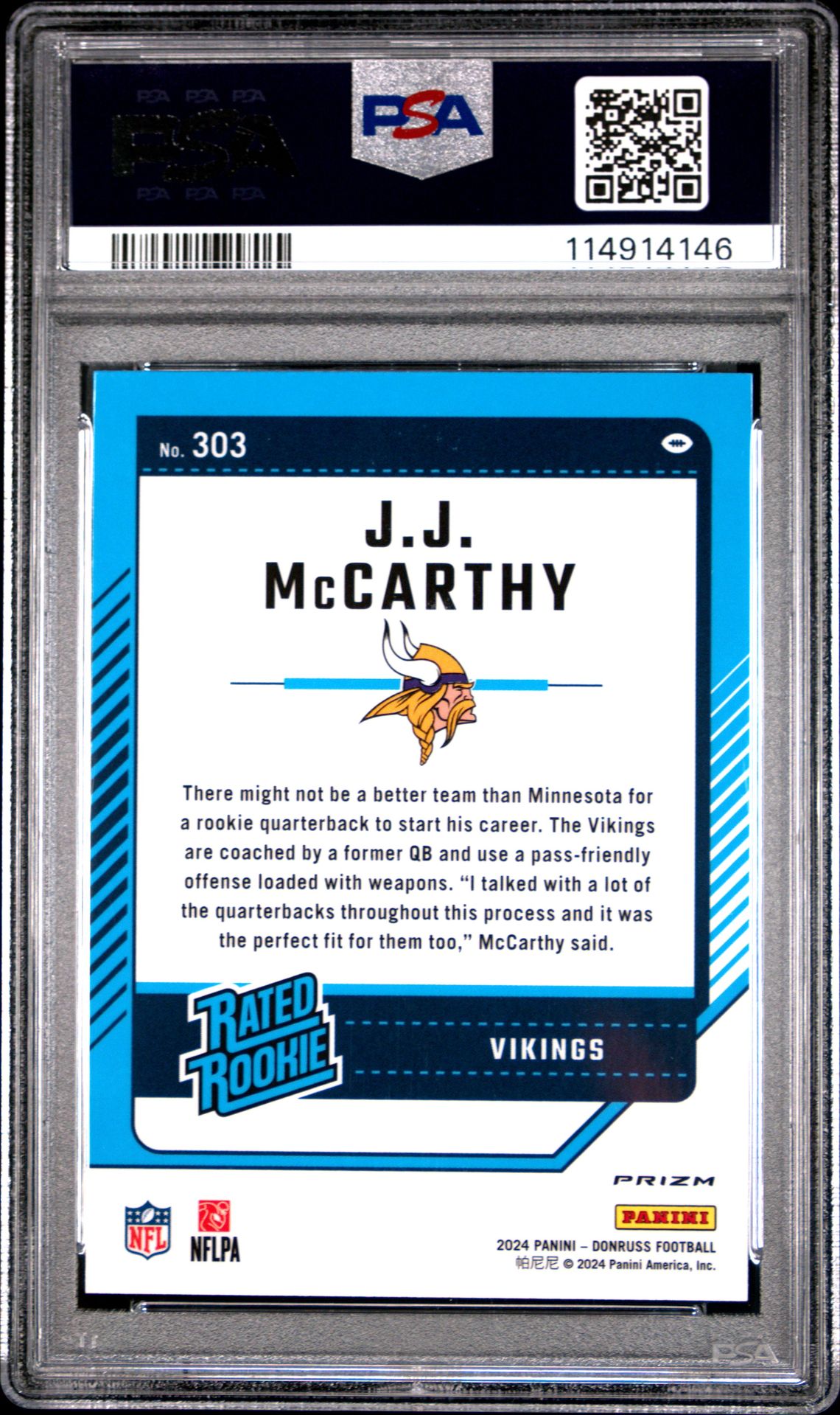 2024 Panini Donruss Jj Mccarthy #303 (Optic Preview-Red Wave) Mint 9 back