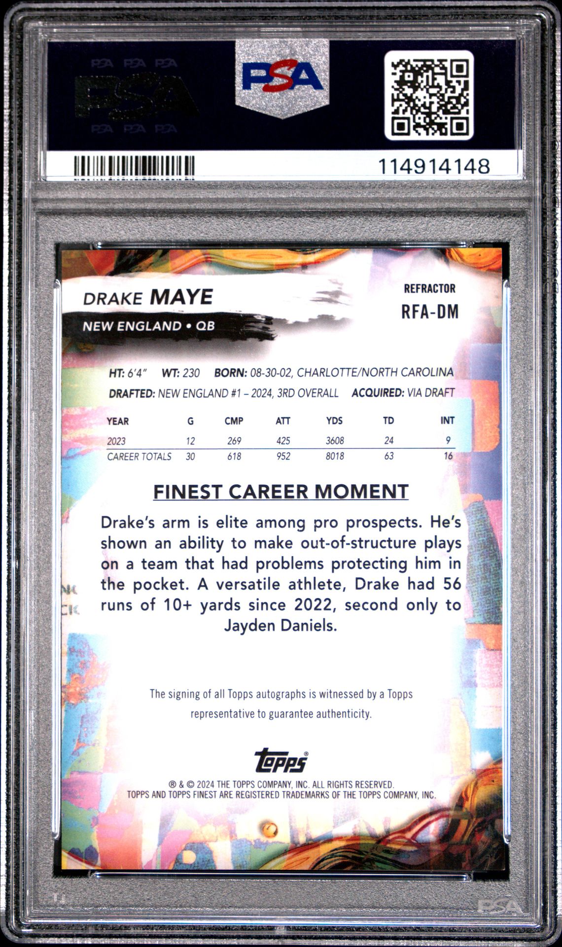 2024 Topps Finest Rookie Finest Autographs Drake Maye #Rfadm (Rookie Finest Au-Refractor) Gem Mt 10 back