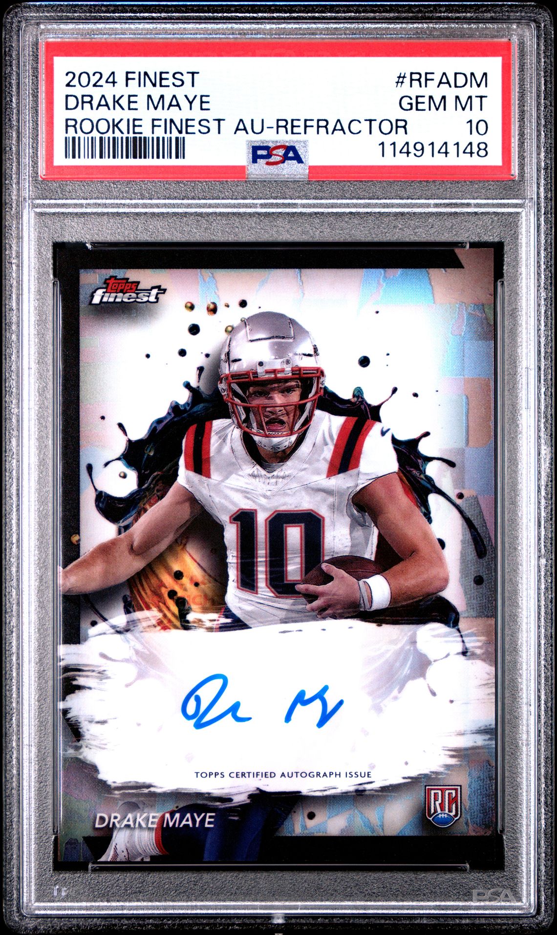 2024 Topps Finest Rookie Finest Autographs Drake Maye #Rfadm (Rookie Finest Au-Refractor) Gem Mt 10 front