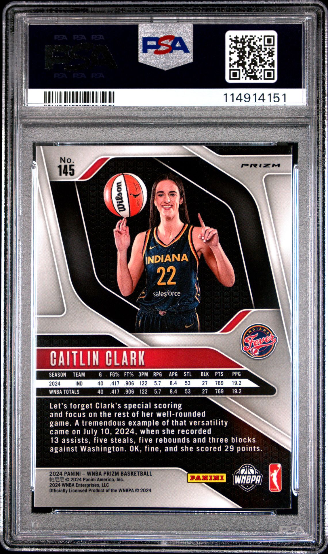 2024 Panini Prizm Wnba Caitlin Clark #145 (Orange Ice) Mint 9 back