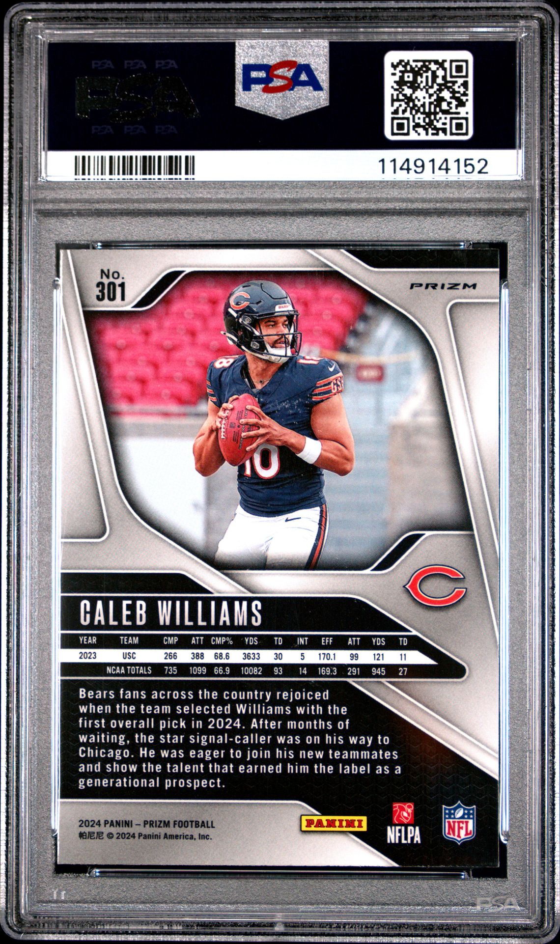 2024 Panini Prizm Caleb Williams #301 (Purple Pulsar) Gem Mt 10 back