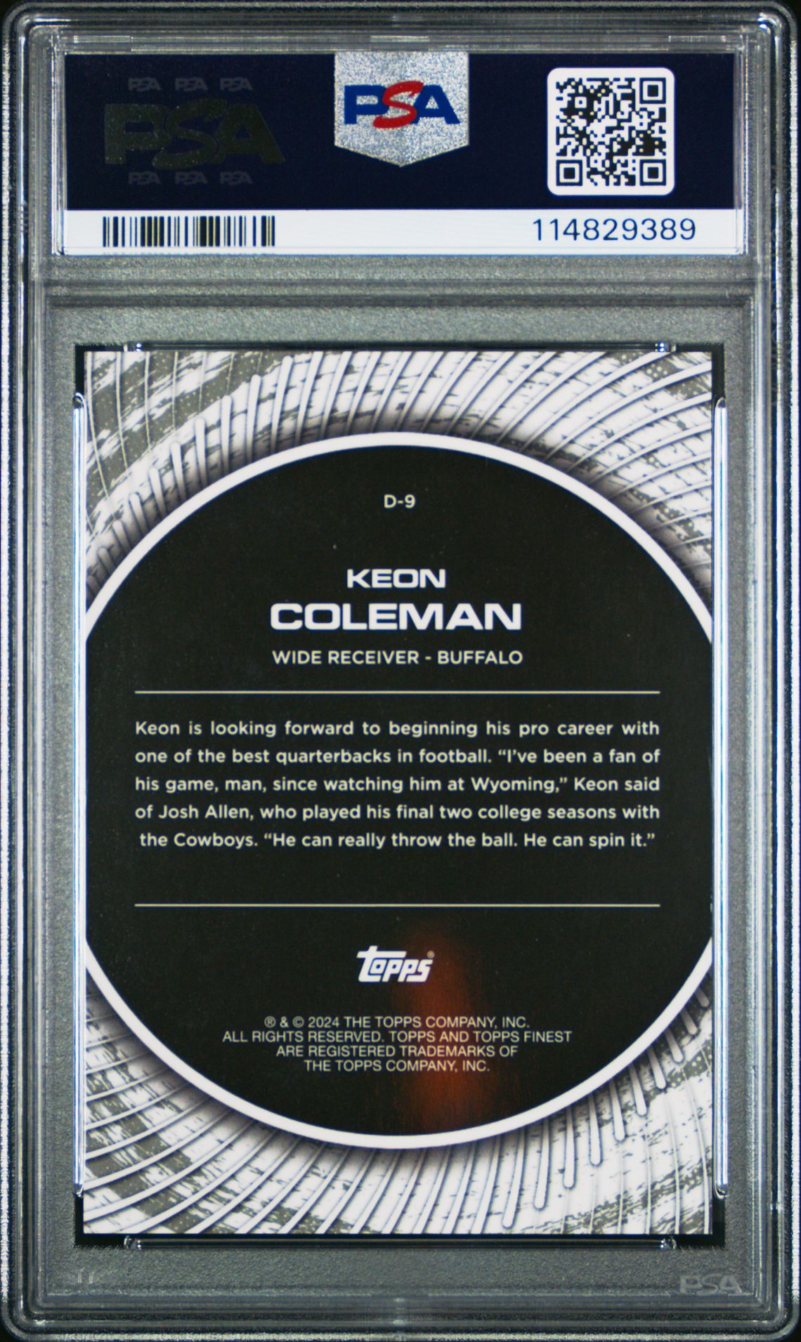 2024 Topps Finest Debut Keon Coleman #D9 (Debut-Gold Refractor) Gem Mt 10 back