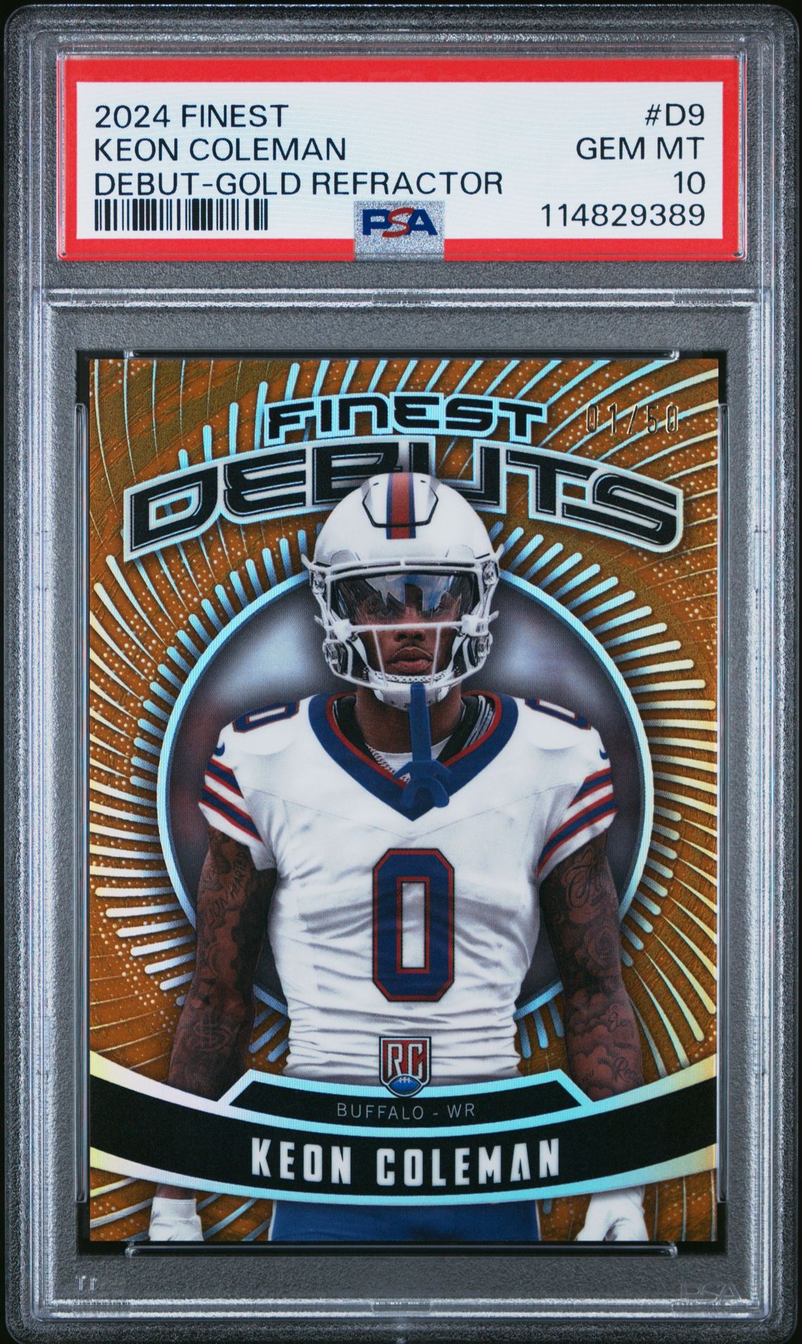 2024 Topps Finest Debut Keon Coleman #D9 (Debut-Gold Refractor) Gem Mt 10 front