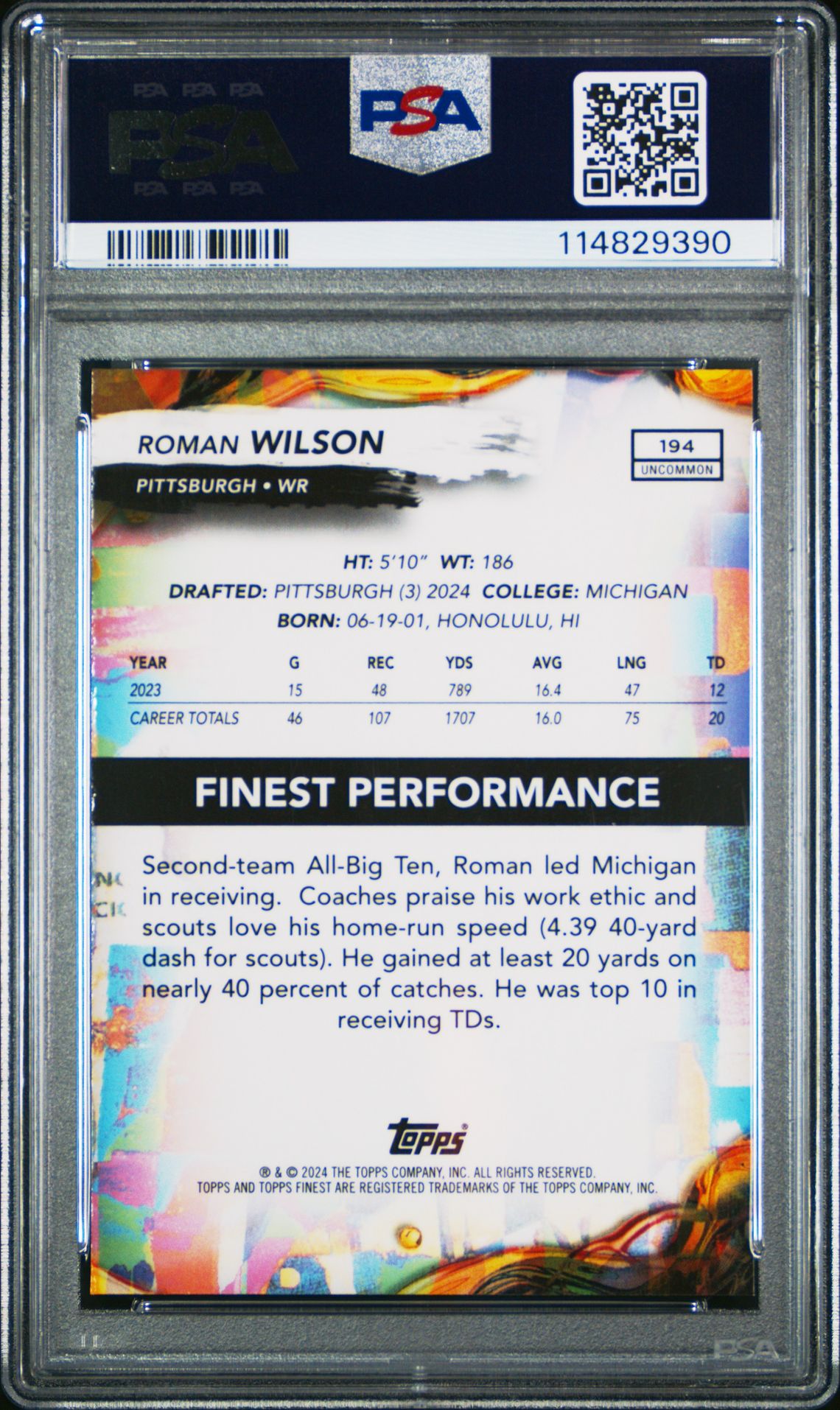 2024 Topps Finest Roman Wilson #194 (Blue Refractor) Gem Mt 10 back