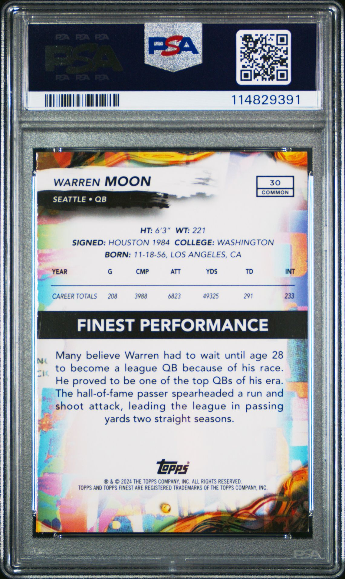 2024 Topps Finest Warren Moon #30 (Sky Blue Refractor) Gem Mt 10 back