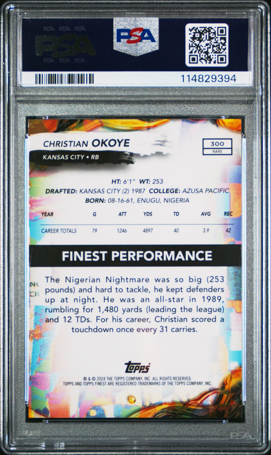 2024 Topps Finest Christian Okoye #300 (Sky Blue Refractor) Gem Mt 10 back