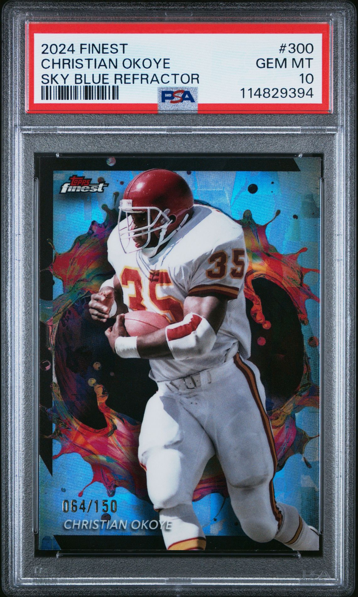 2024 Topps Finest Christian Okoye #300 (Sky Blue Refractor) Gem Mt 10 front