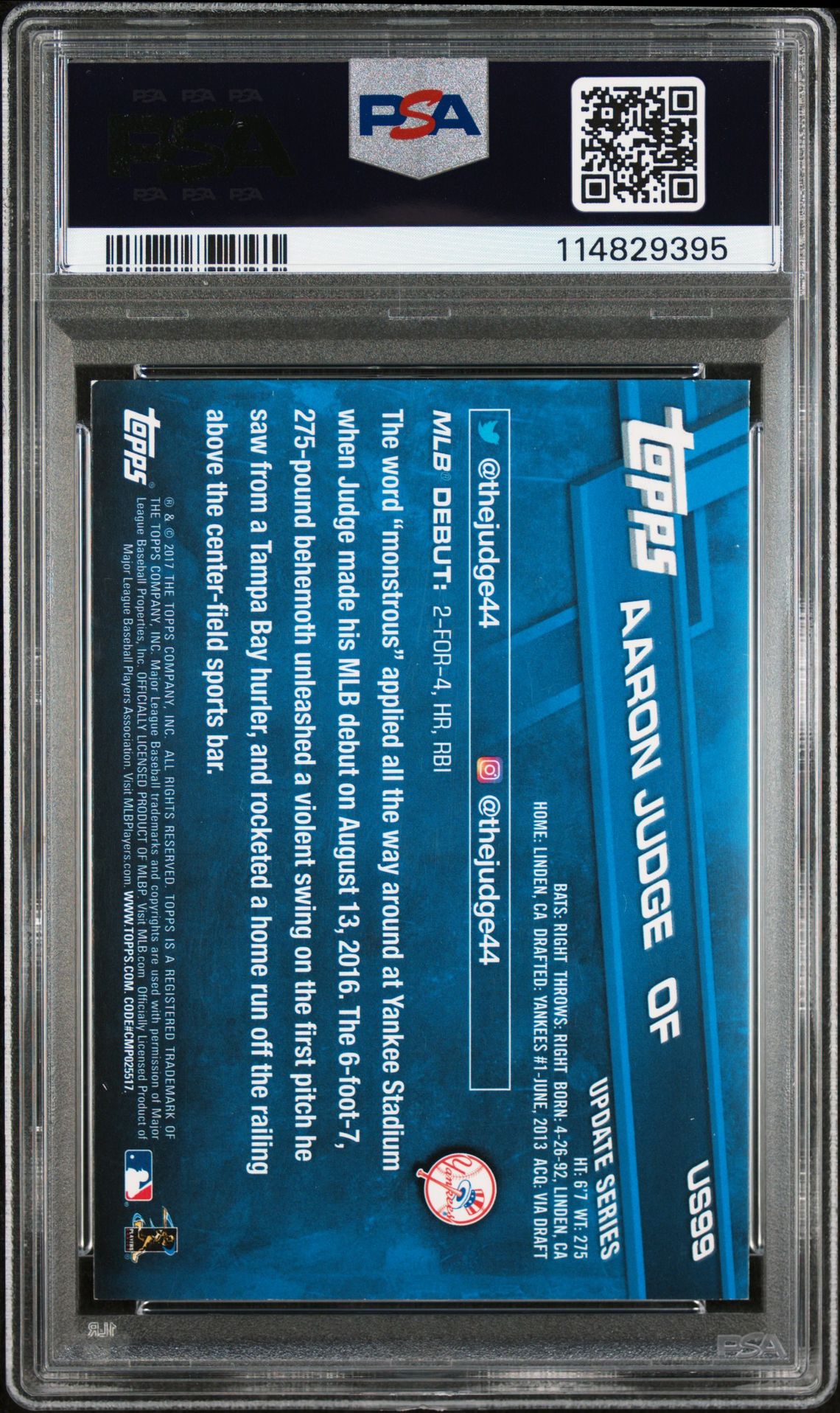 2017 Topps Update Aaron Judge #Us99 (Rookie Debut) Nm-Mt 8 back