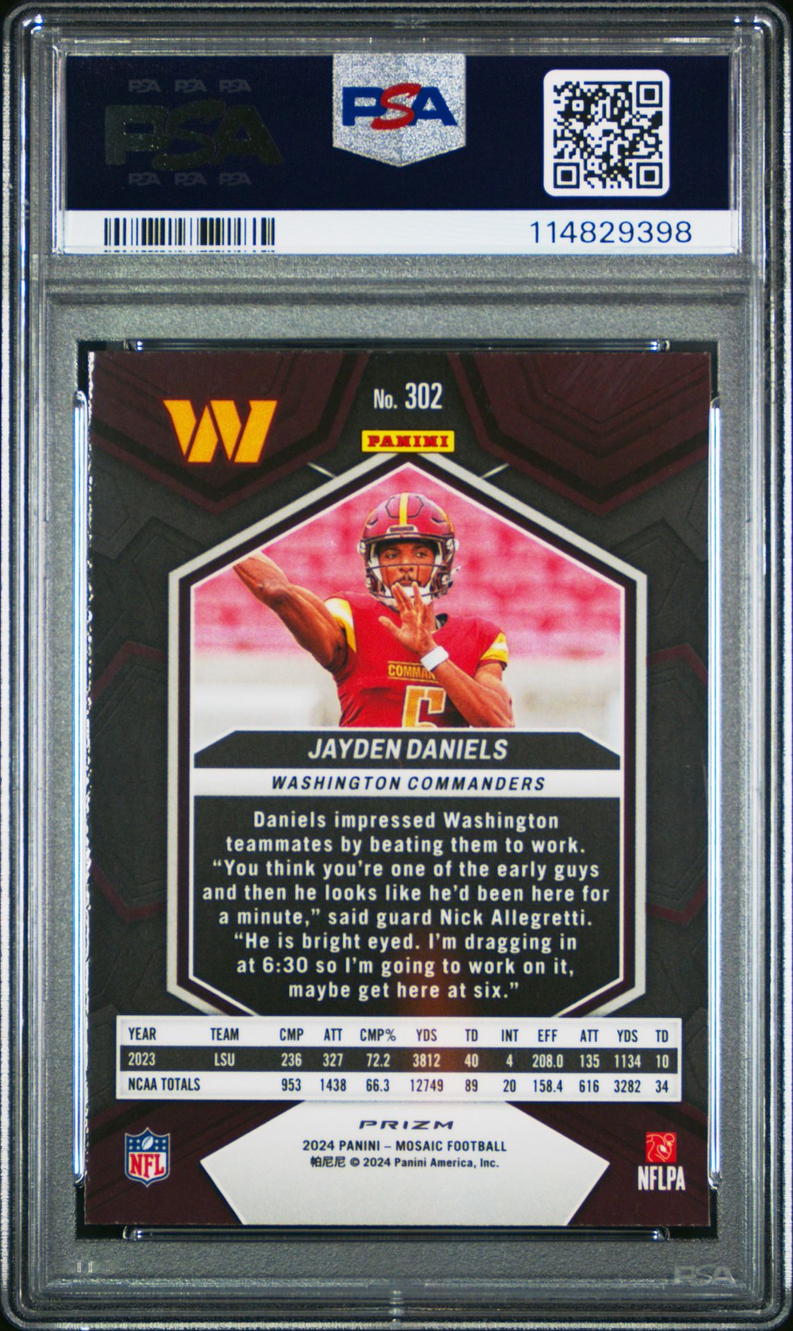 2024 Panini Mosaic Jayden Daniels #302 (Camo Pink) Mint 9 back