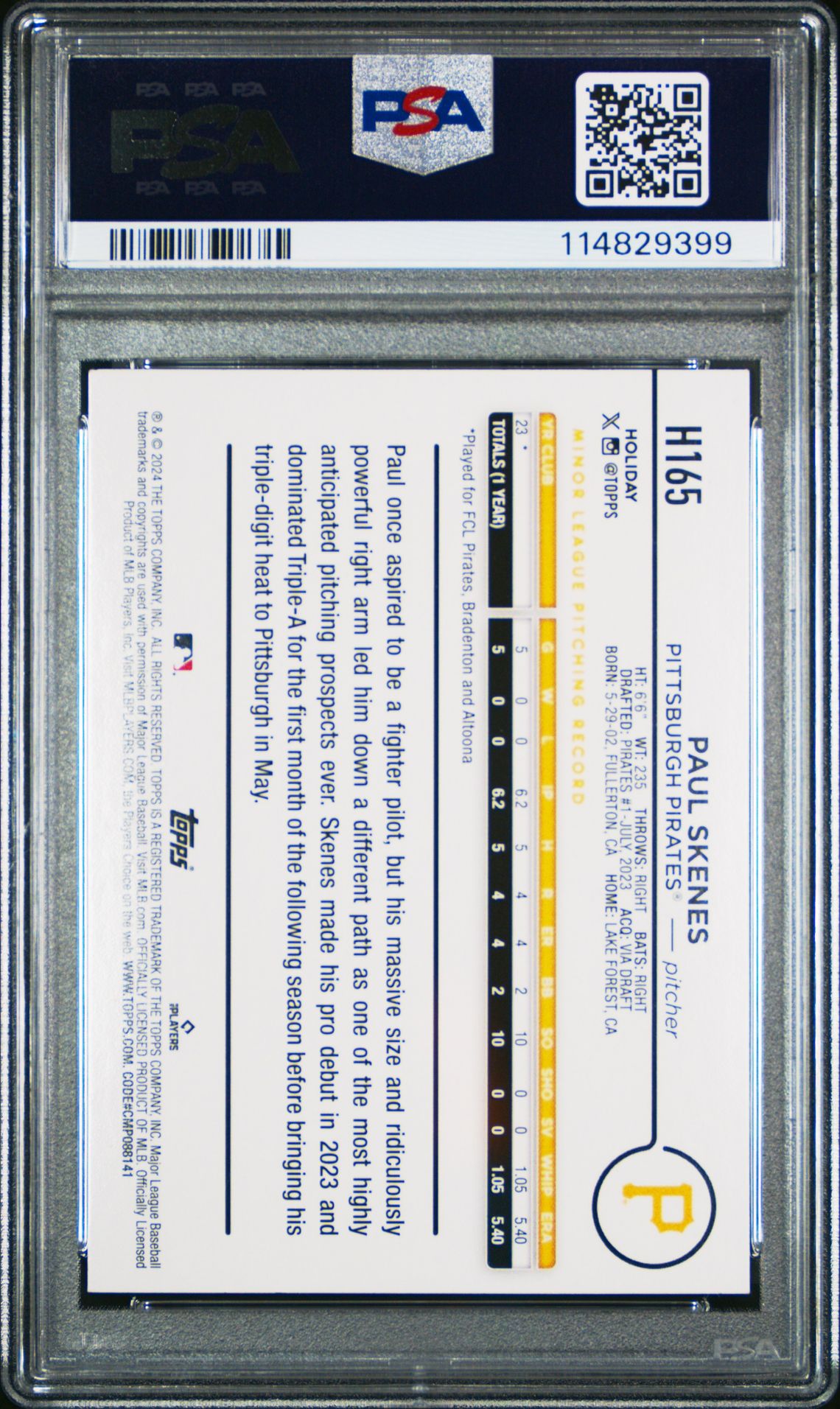 2024 Topps Holiday Paul Skenes #H165 (Blue Metallic Holiday Tree) Nm-Mt 8 back