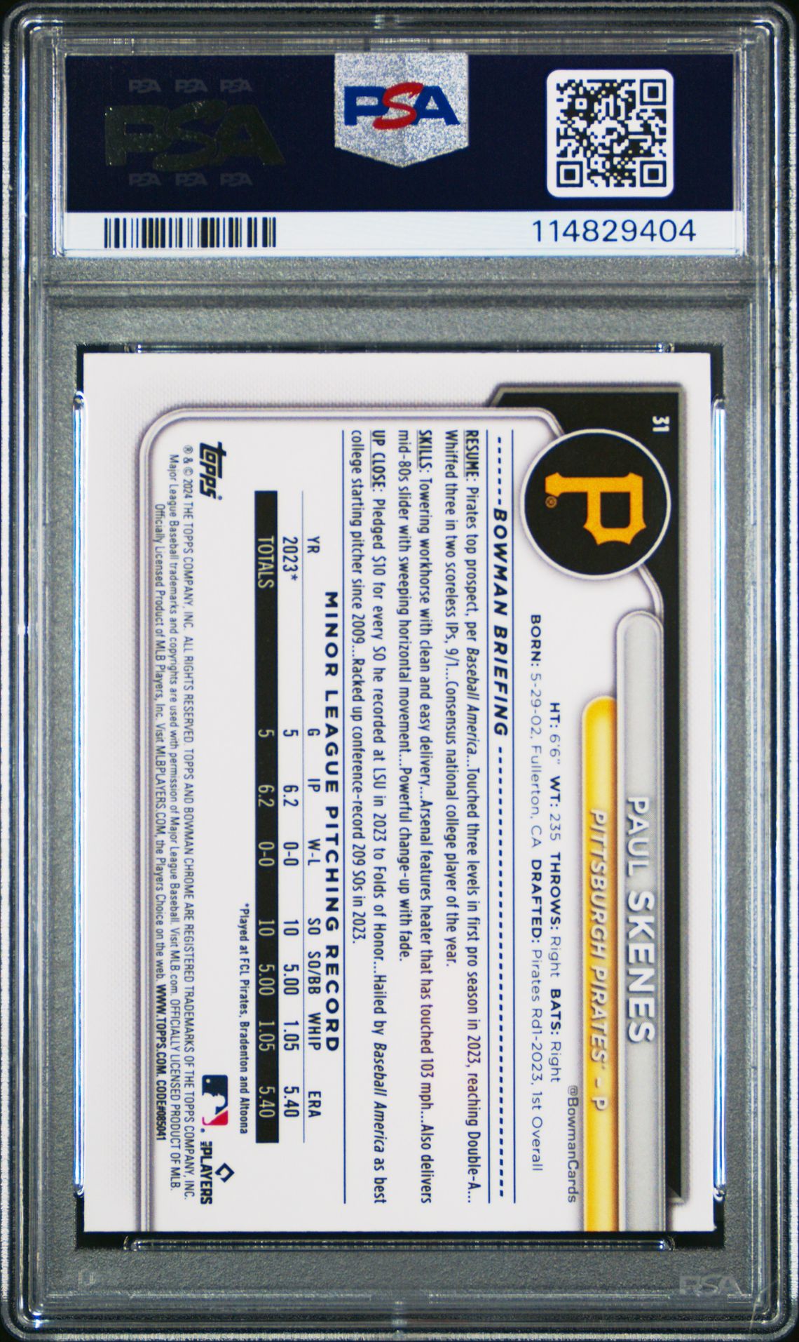 2024 Bowman Chrome Paul Skenes #31 Nm-Mt 8 back