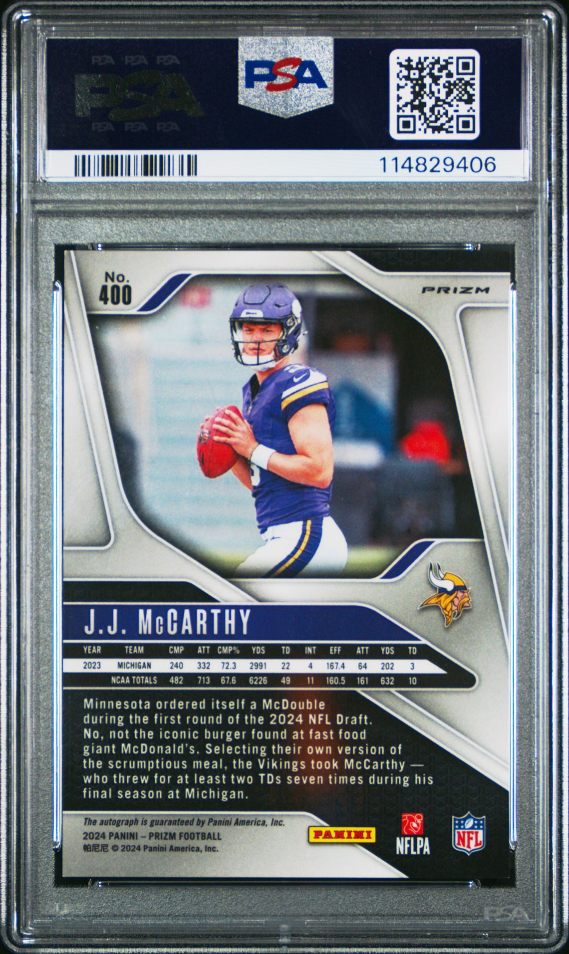 2024 Panini Prizm Jj Mccarthy #400 (Autograph-Pink Prizm) Mint 9 back