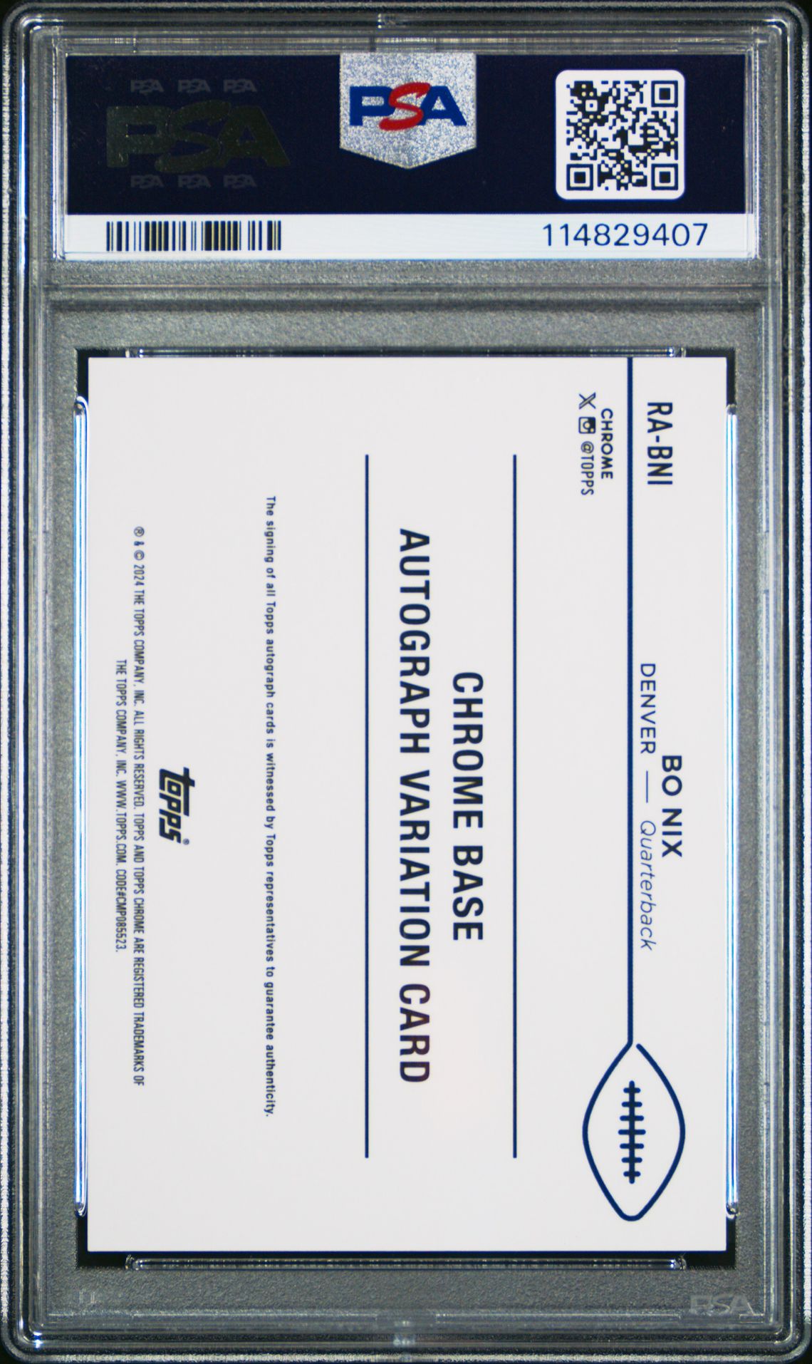 2024 Topps Chrome Rookie Autographs Variations Bo Nix #Rabni Gem Mt 10 back