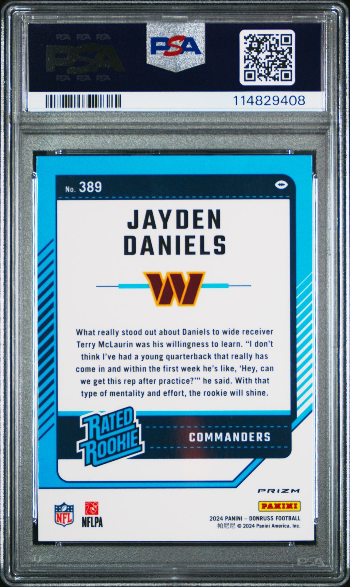 2024 Panini Donruss Jayden Daniels #389 (Optic Preview-Blue Scope) Gem Mt 10 back