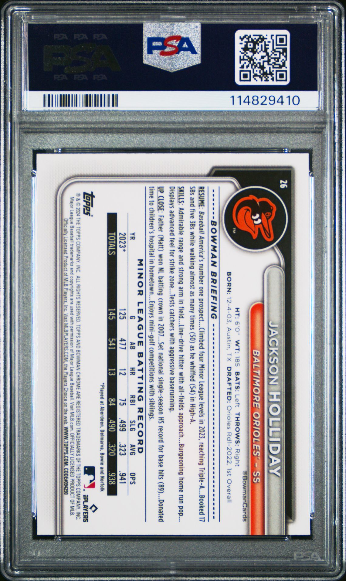 2024 Bowman Chrome Mega Box Jackson Holliday #26 Gem Mt 10 back