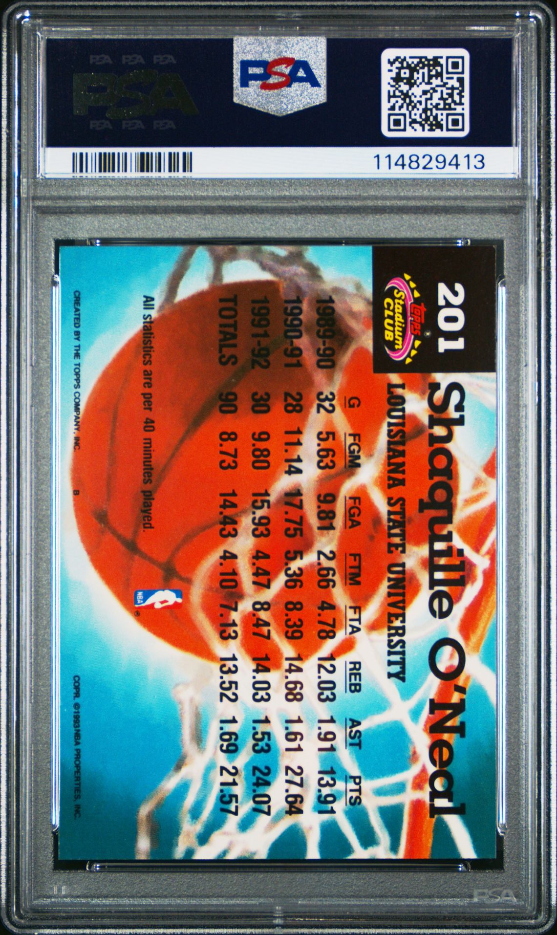 1992 Stadium Club Shaquille O'neal #201 (Members Only) Nm-Mt 8 back