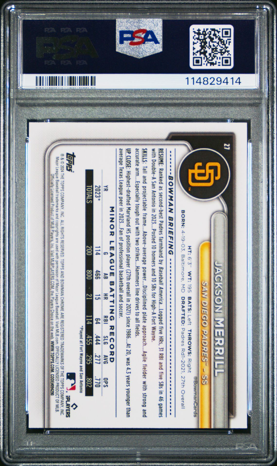 2024 Bowman Chrome Mega Box Jackson Merrill #27 Gem Mt 10 back