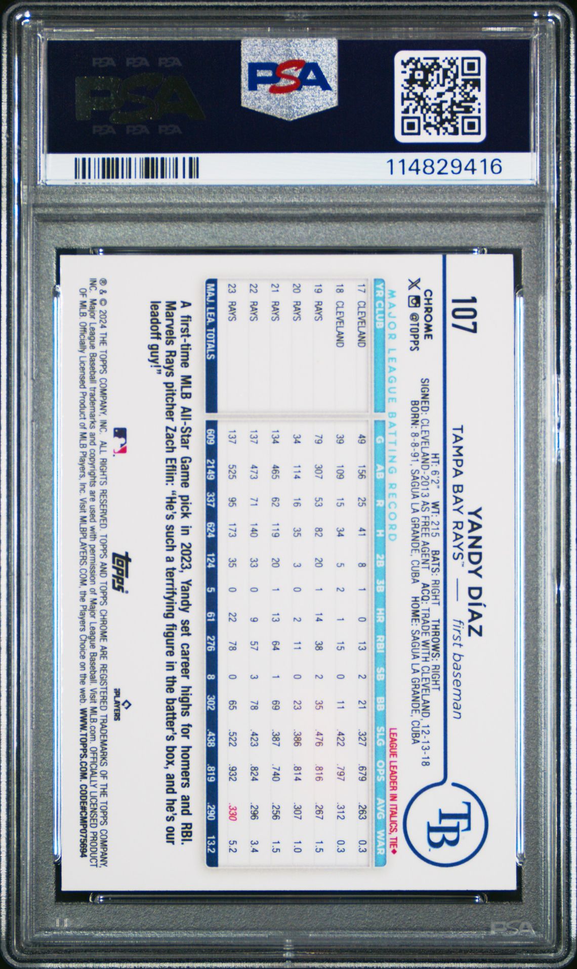 2024 Topps Chrome Yandy Diaz #107 (Aqua Raywave) Mint 9 back