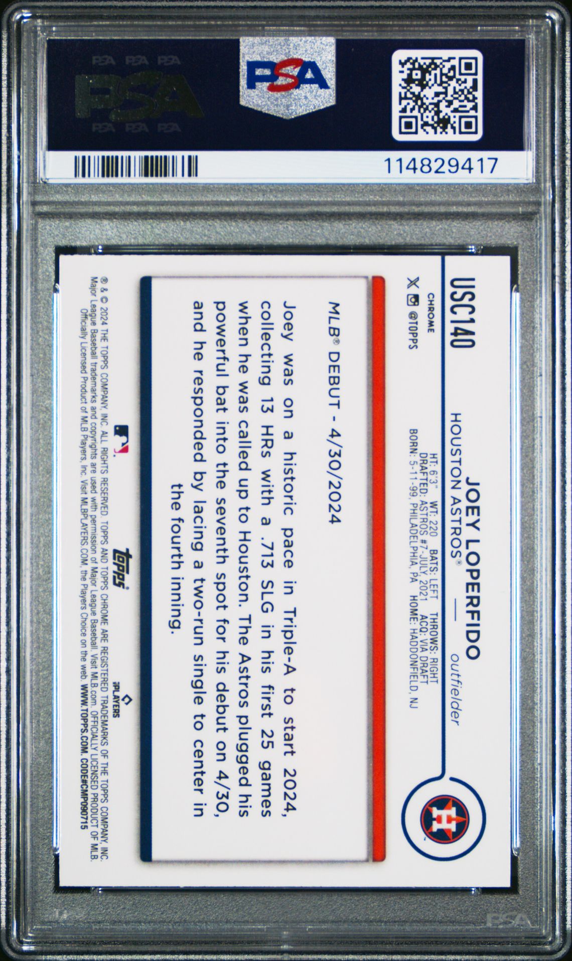 2024 Topps Chrome Update Joey Loperfido #Usc140 (X-Fractor) Mint 9 back