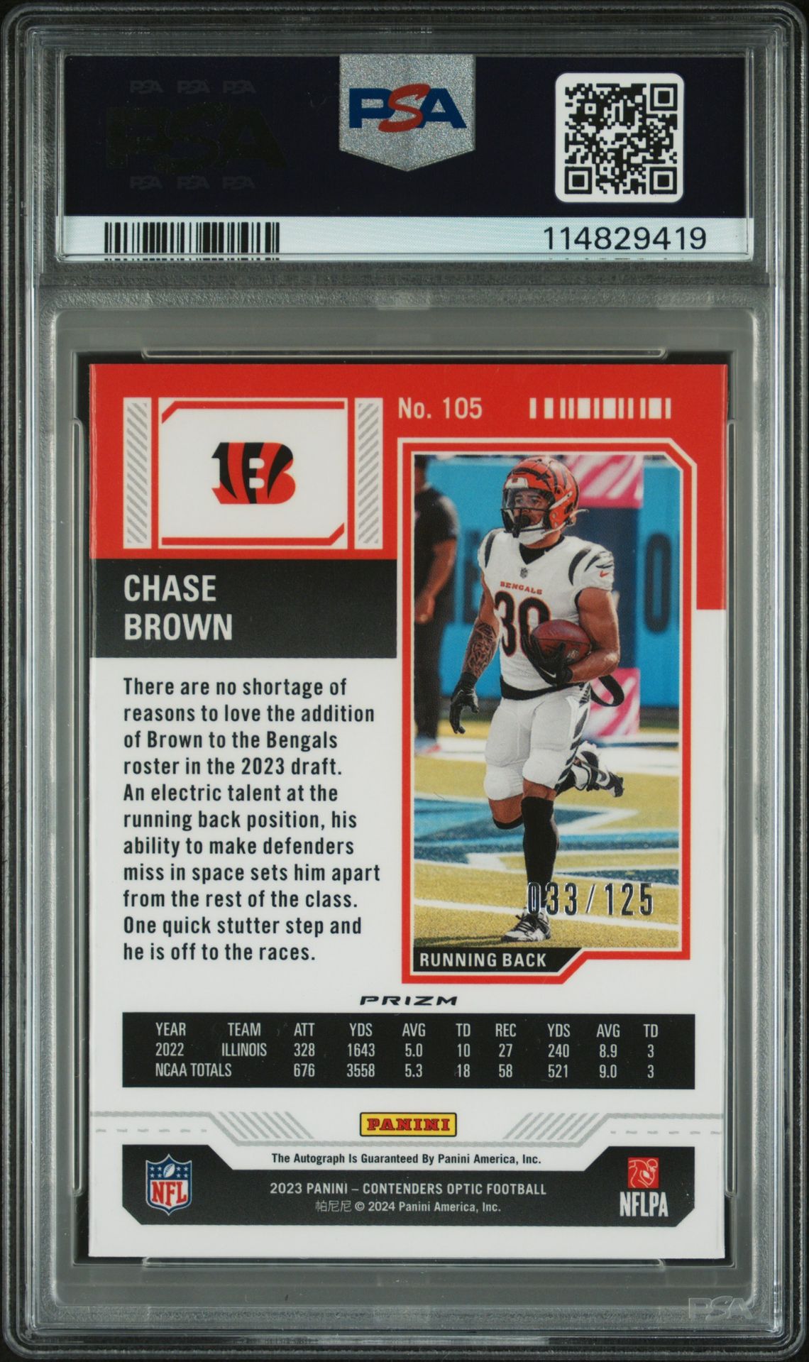 2023 Panini Contenders Optic Chase Brown #105 (Autograph-Red) Gem Mt 10 back