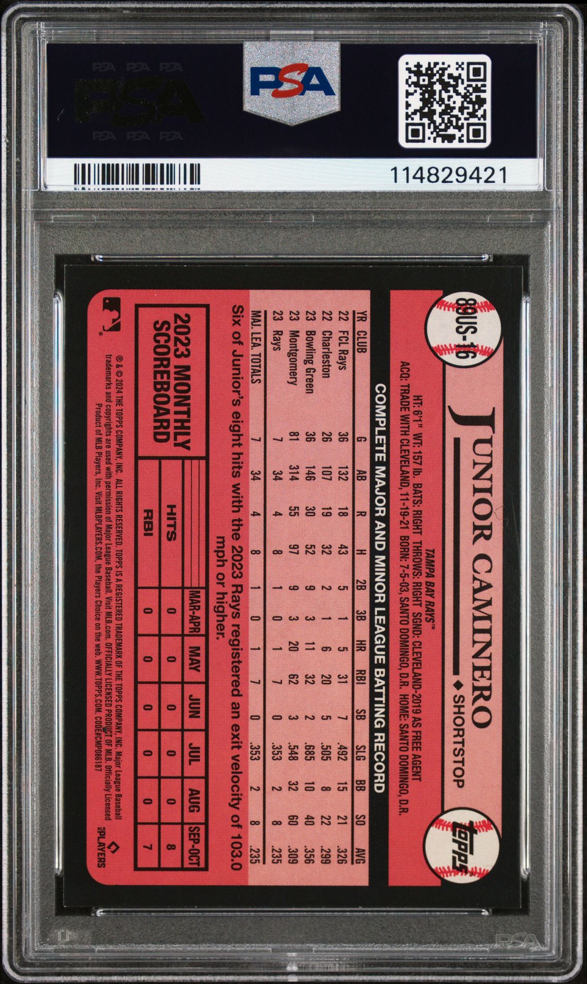 2024 Topps Update 1989 Topps Baseball Junior Caminero #16 Mint 9 back