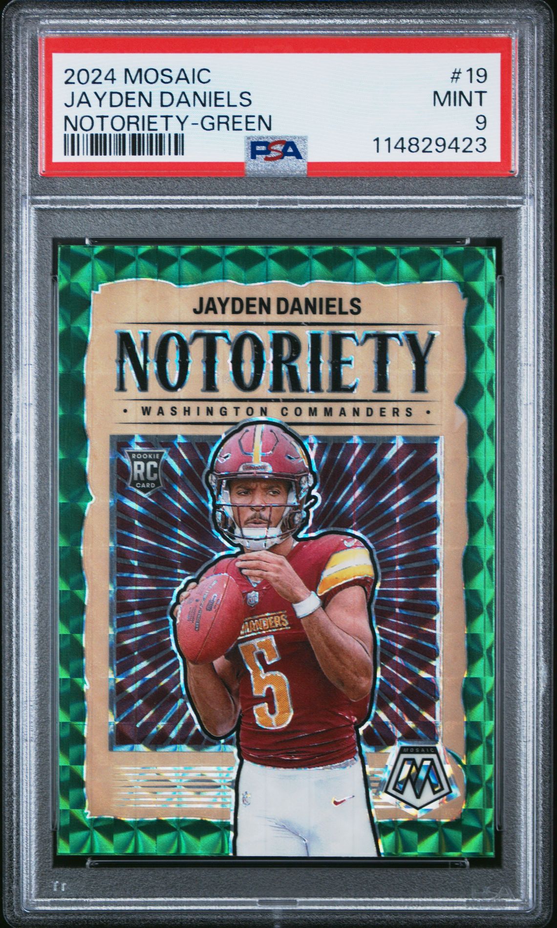 2024 Panini Mosaic Notoriety Jayden Daniels #19 (Notoriety-Green) Mint 9 front