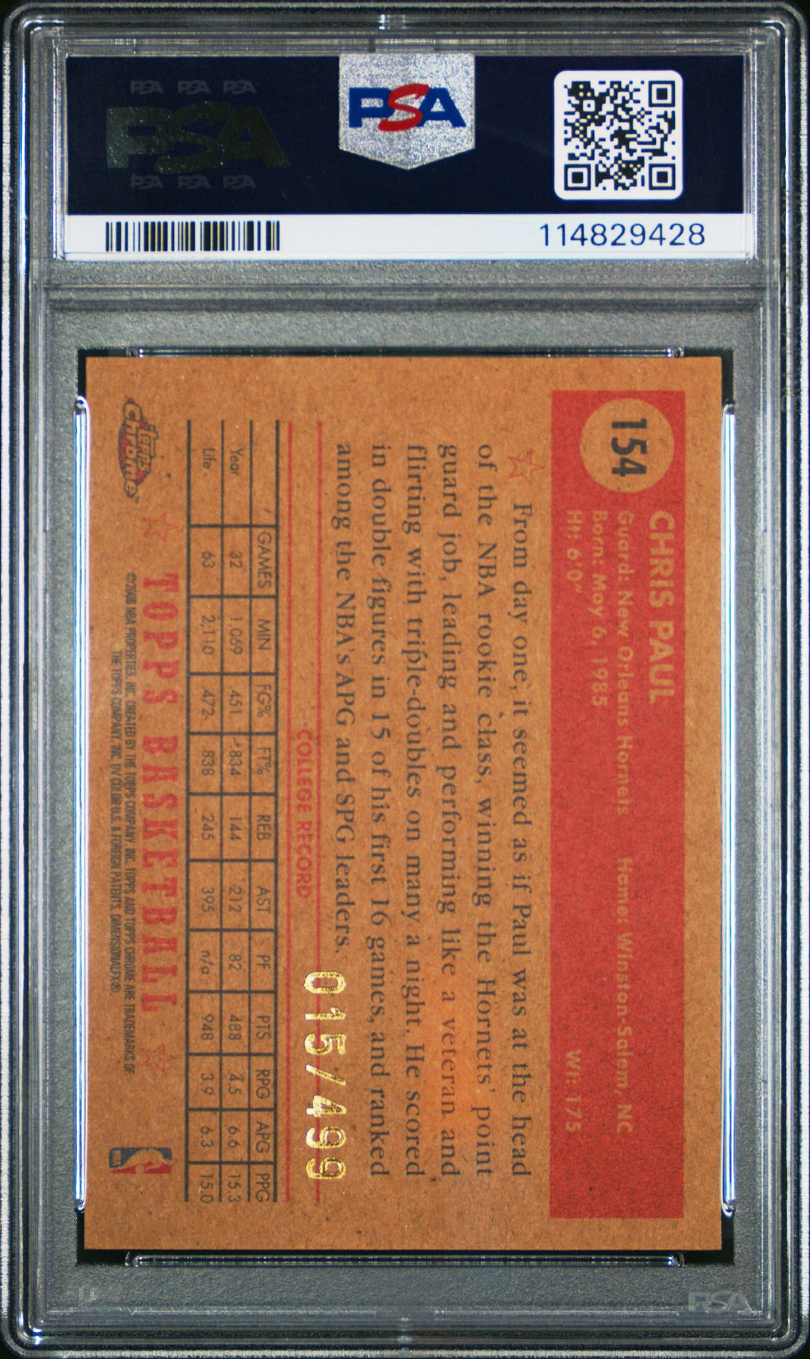 2005 Topps 1952 Style Chris Paul #154 (Chrome) Mint 9 back