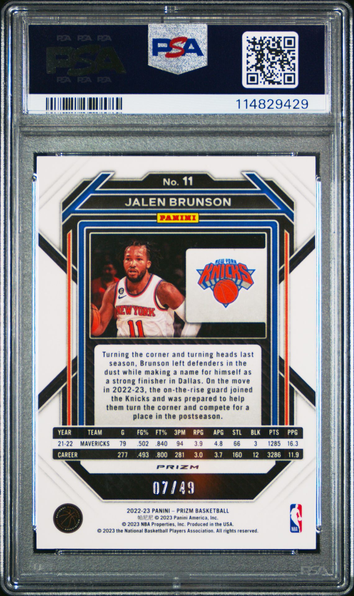 2022 Panini Prizm Jalen Brunson #11 (Blue Choice) Mint 9 back