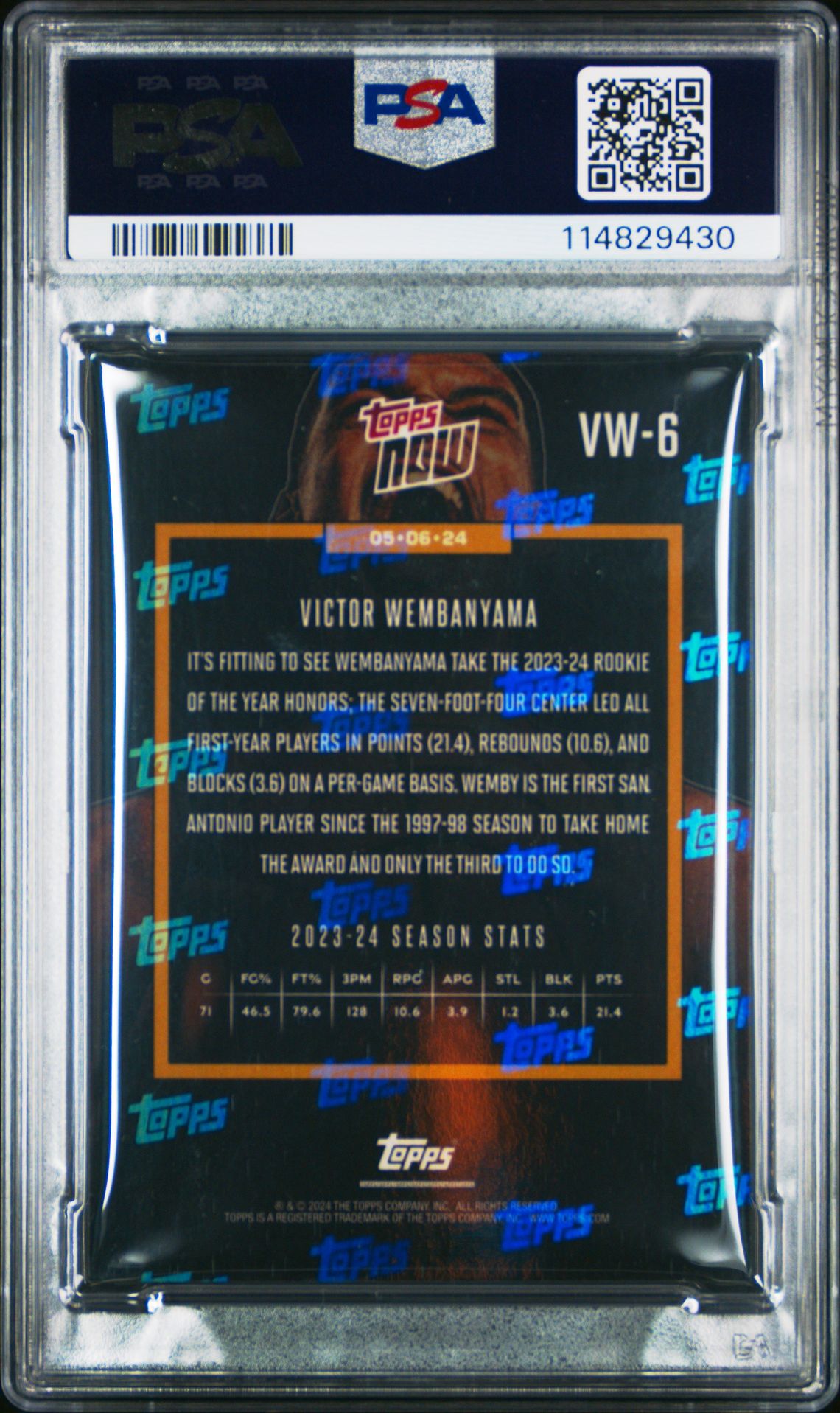 2023 Topps Now Victor Wembanyama #Vw6 Gem Mt 10 back