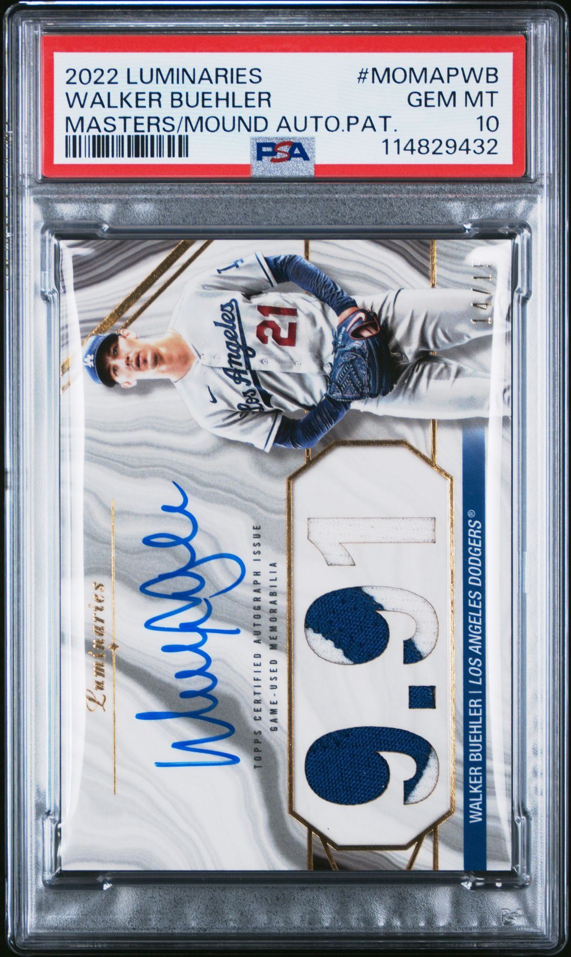 2022 Topps Luminaries Masters Of The Mound Autograph Patches Walker Buehler #Momapwb (Masters/Mound Auto.pat.) Gem Mt 10 front