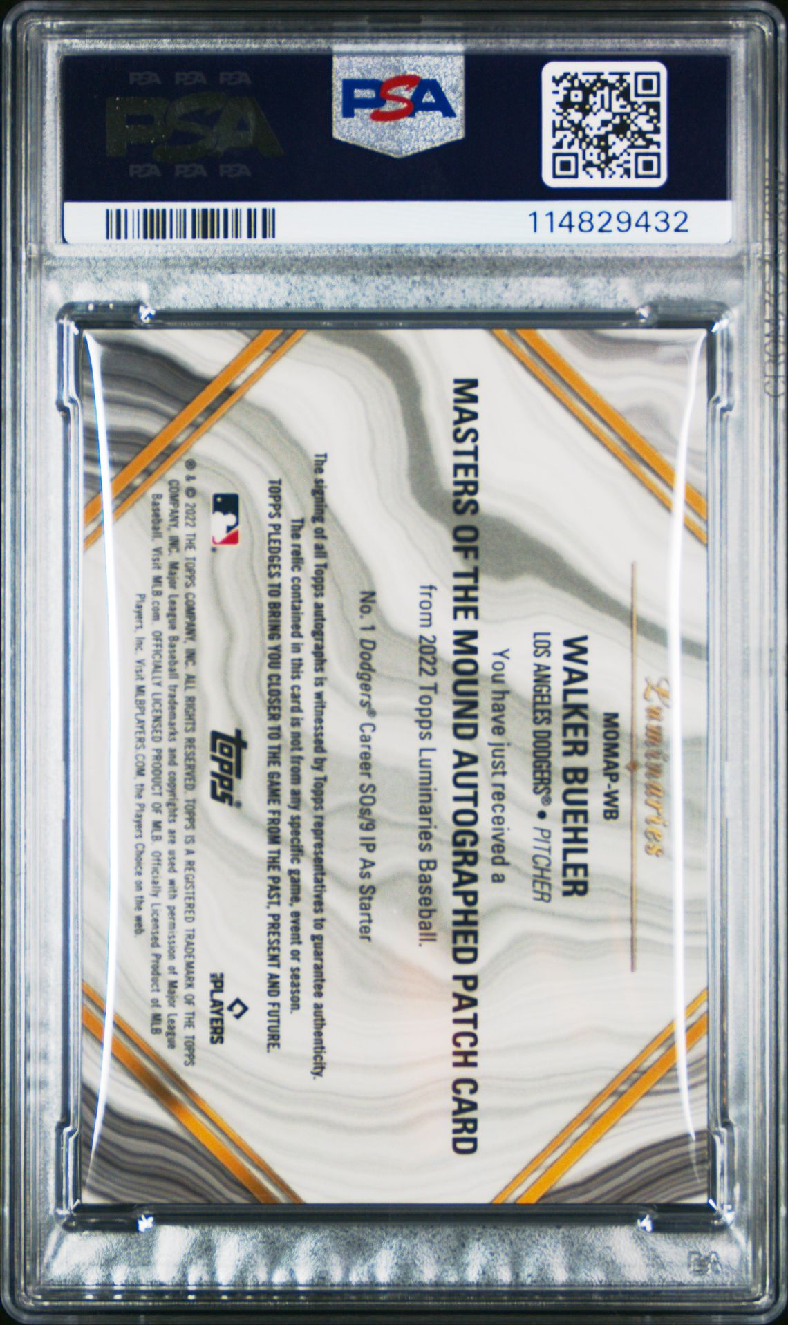 2022 Topps Luminaries Masters Of The Mound Autograph Patches Walker Buehler #Momapwb (Masters/Mound Auto.pat.) Gem Mt 10 back