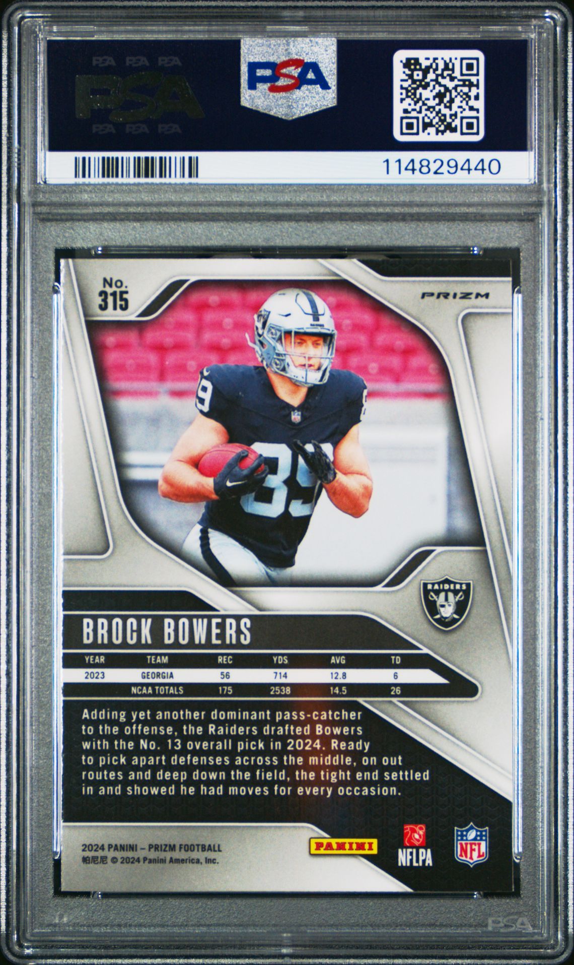 2024 Panini Prizm Brock Bowers #315 (Green Prizm) Mint 9 back