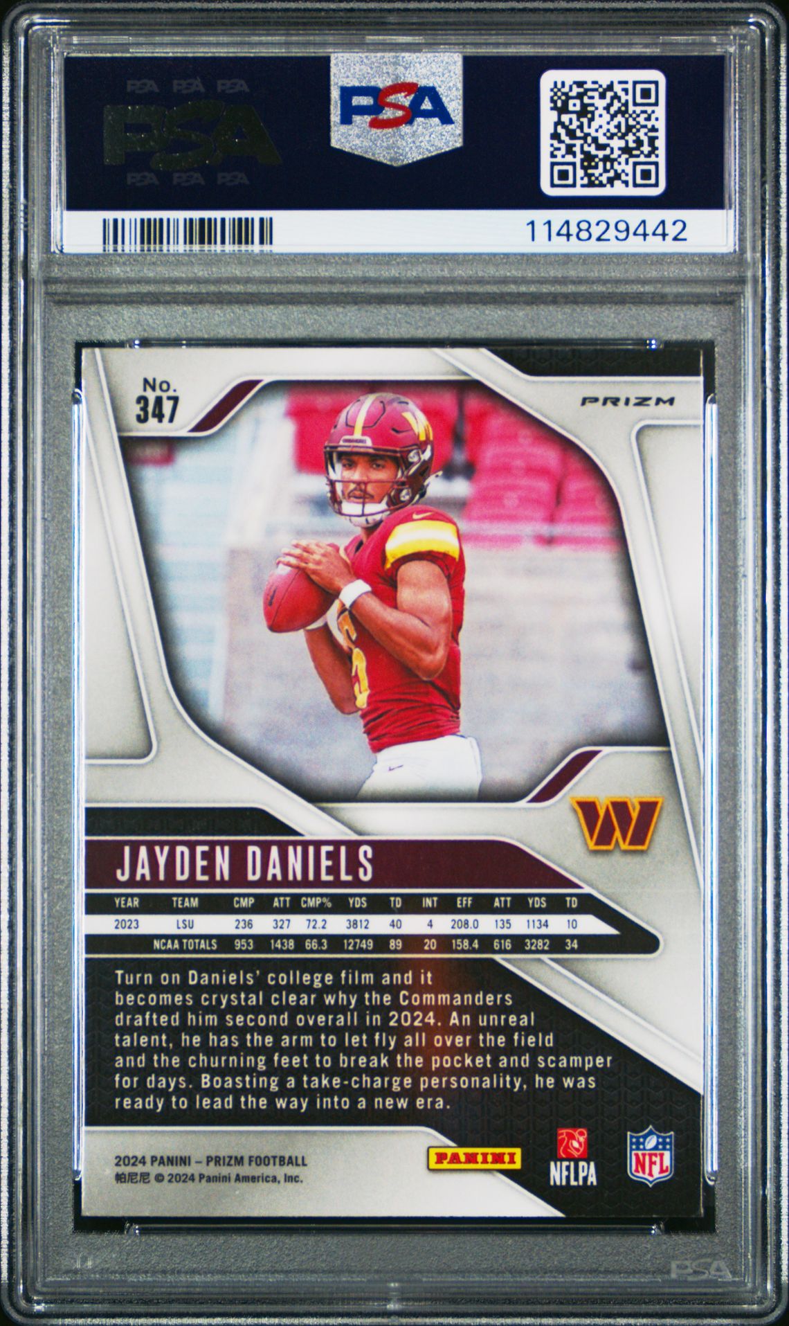 2024 Panini Prizm Jayden Daniels #347 (Red/White/Blue Prizm) Gem Mt 10 back