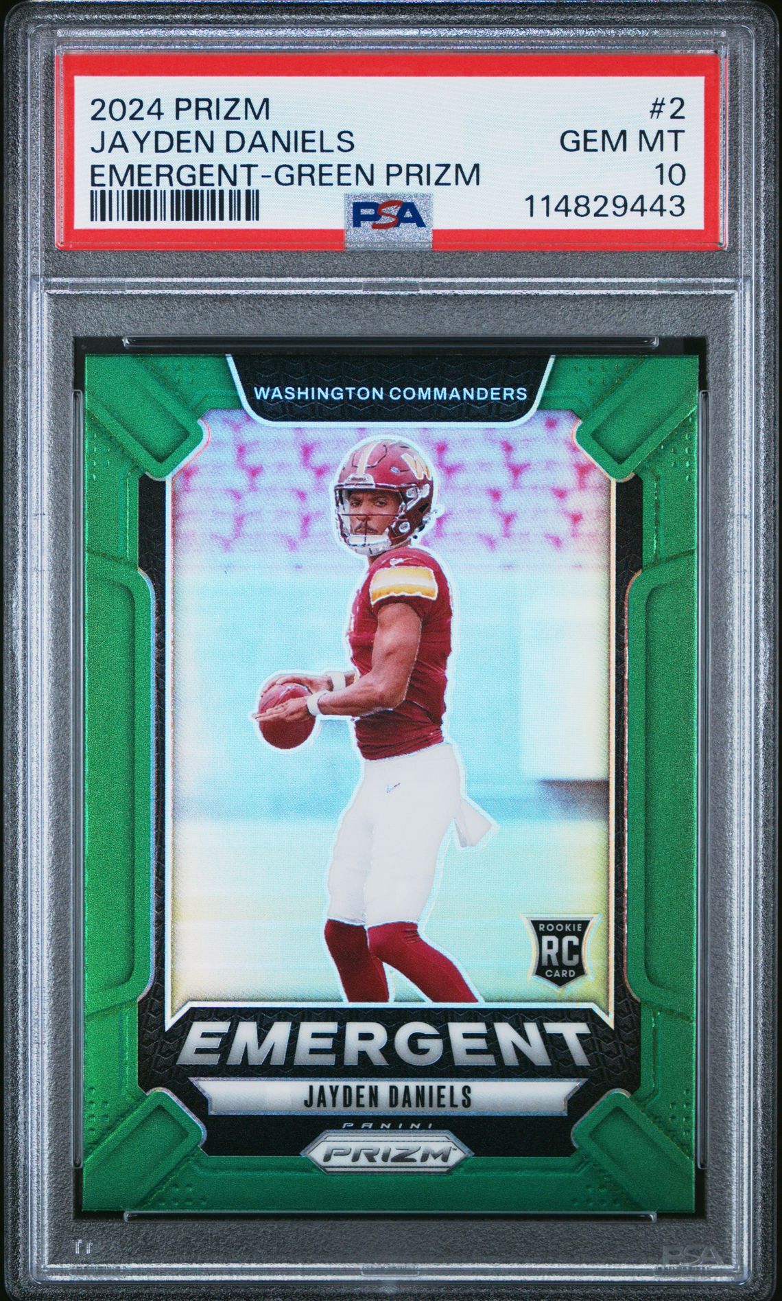 2024 Panini Prizm Emergent Jayden Daniels #2 (Emergent-Green Prizm) Gem Mt 10 front