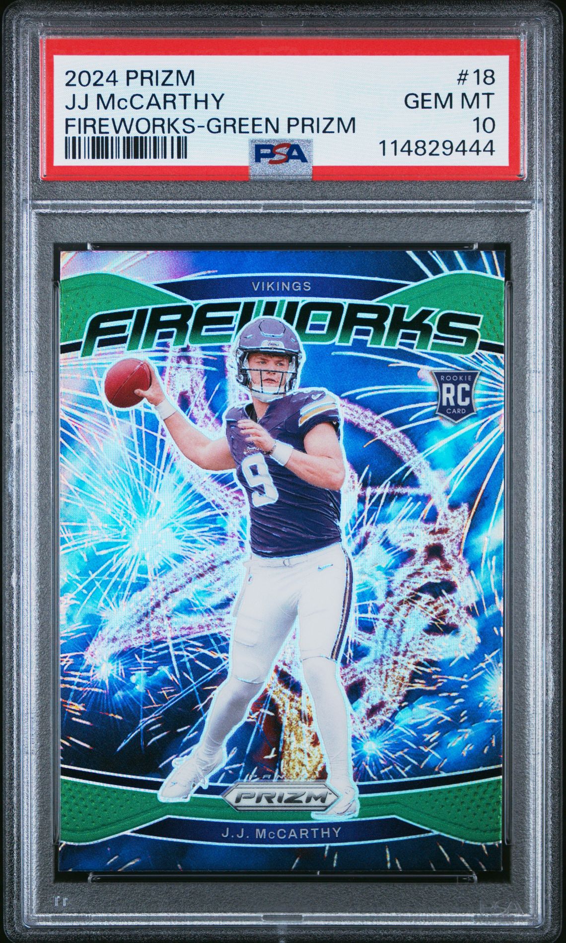 2024 Panini Prizm Fireworks Jj Mccarthy #18 (Fireworks-Green Prizm) Gem Mt 10 front