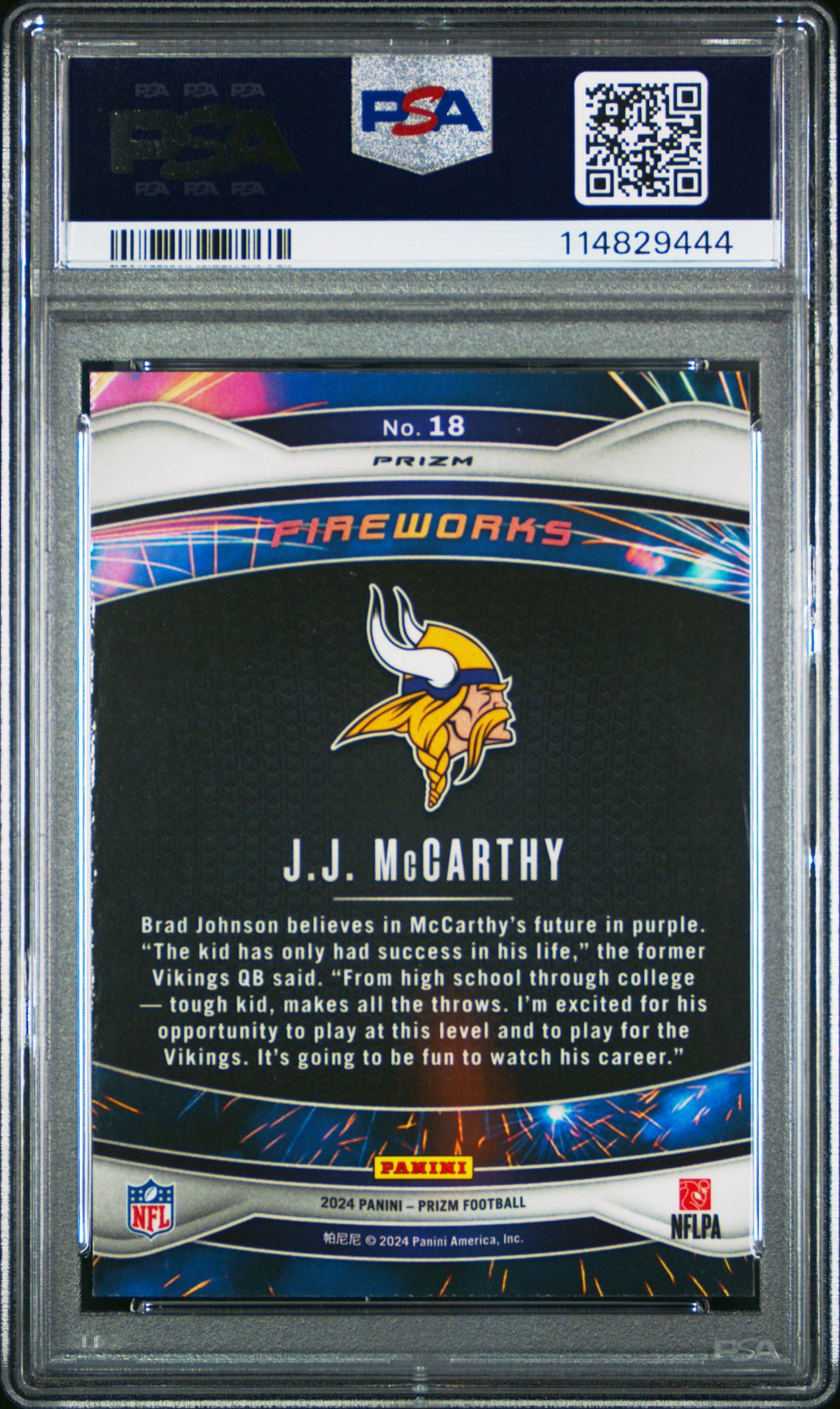 2024 Panini Prizm Fireworks Jj Mccarthy #18 (Fireworks-Green Prizm) Gem Mt 10 back