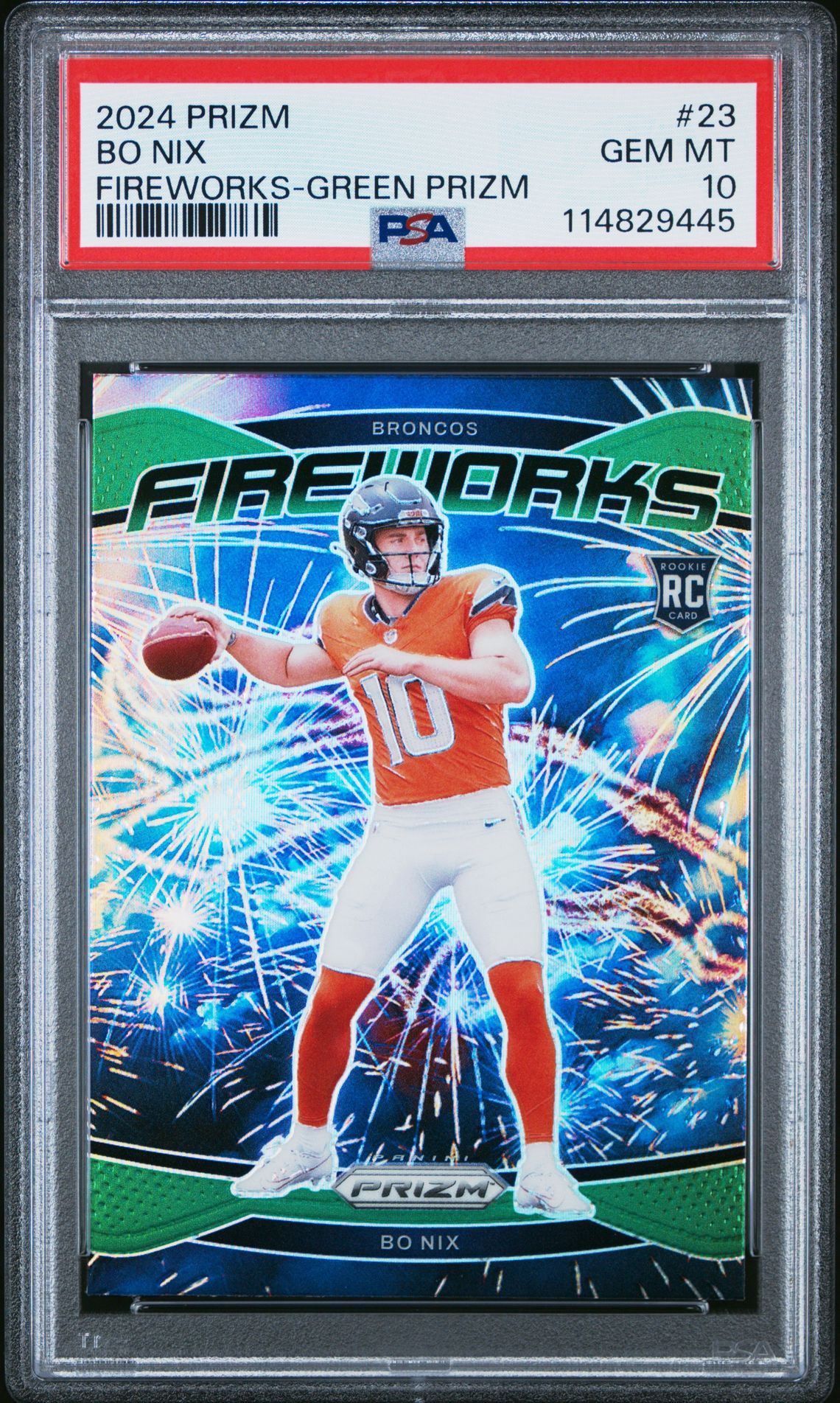 2024 Panini Prizm Fireworks Bo Nix #23 (Fireworks-Green Prizm) Gem Mt 10 front